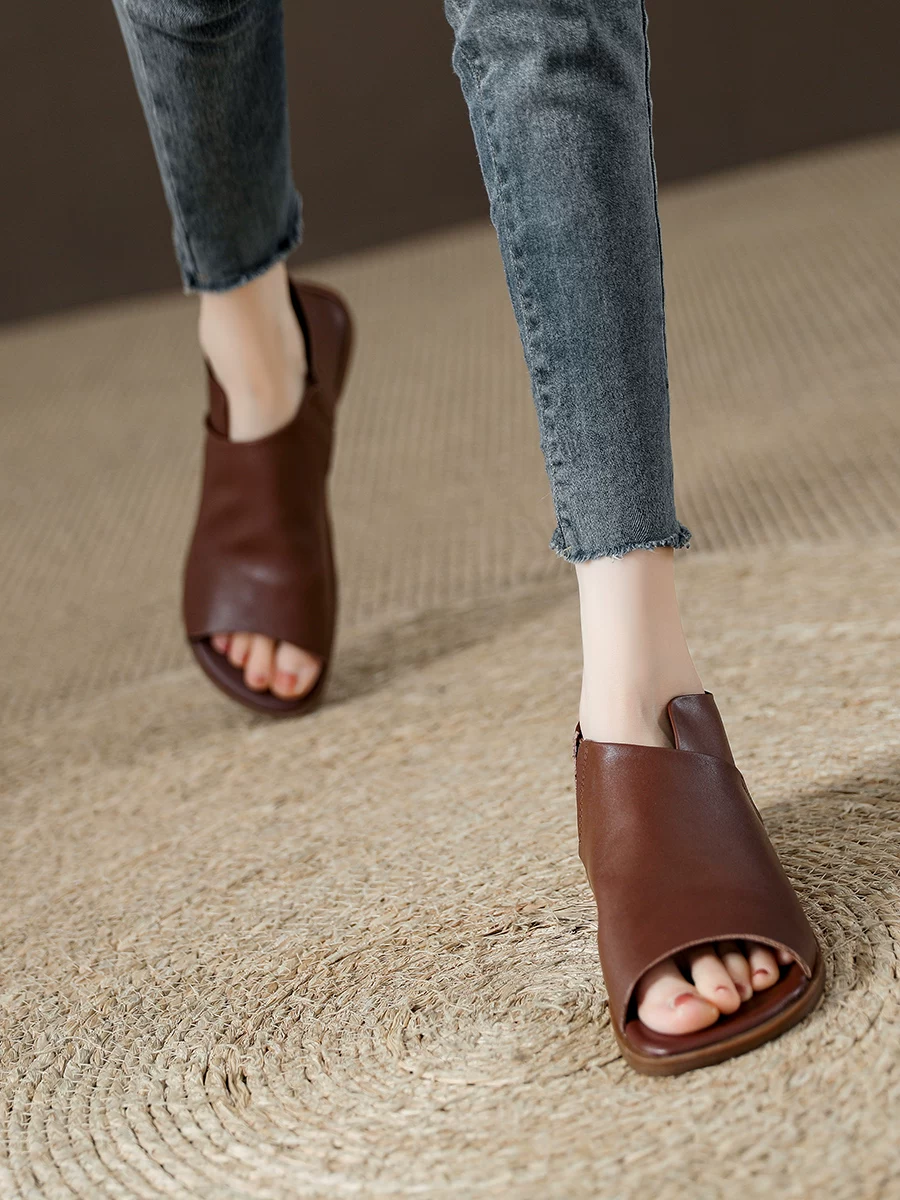 Giày sandal nữ da thật đế mềm hở mũi kiểu miệng cá, mẫu mới hè 2026, giày La Mã da bò retro phong cách giản dị, hở gót khoét lỗ.