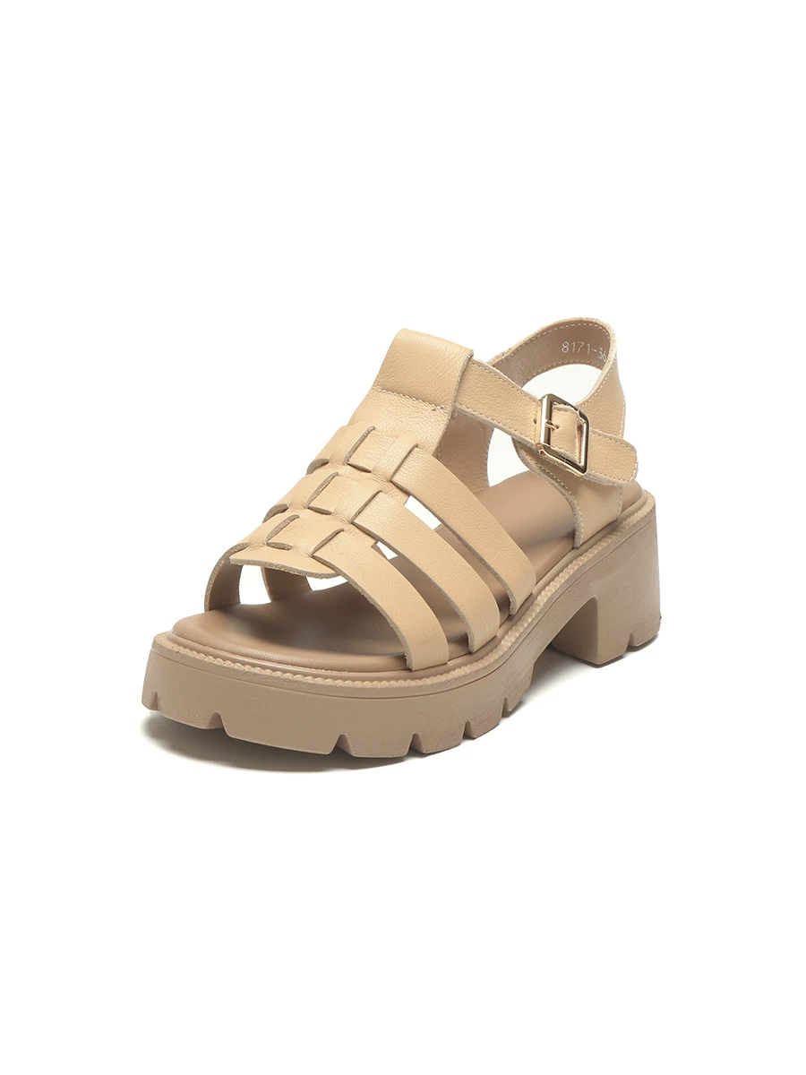 Giày sandal đế dày tăng chiều cao cho nữ, mẫu mới hè 2026 kiểu Pháp, giày cao gót hở mũi da thật, thiết kế rỗng, kiểu La Mã.