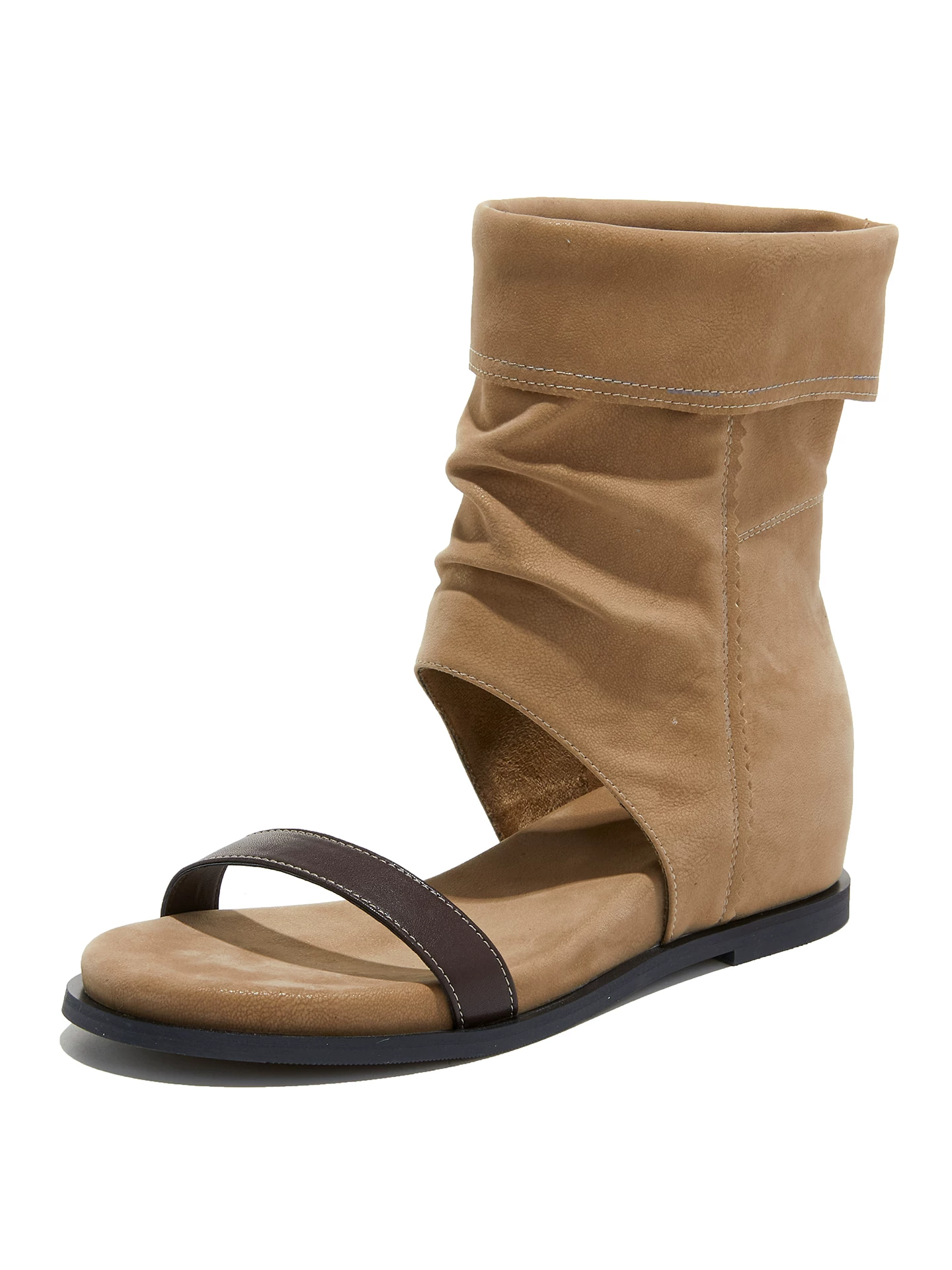 Giày sandal đế xuồng tăng chiều cao bên trong dành cho nữ, quai đơn, dài đến giữa bắp chân, kiểu mới mùa hè 2026, bốt hở mũi nhún bèo.