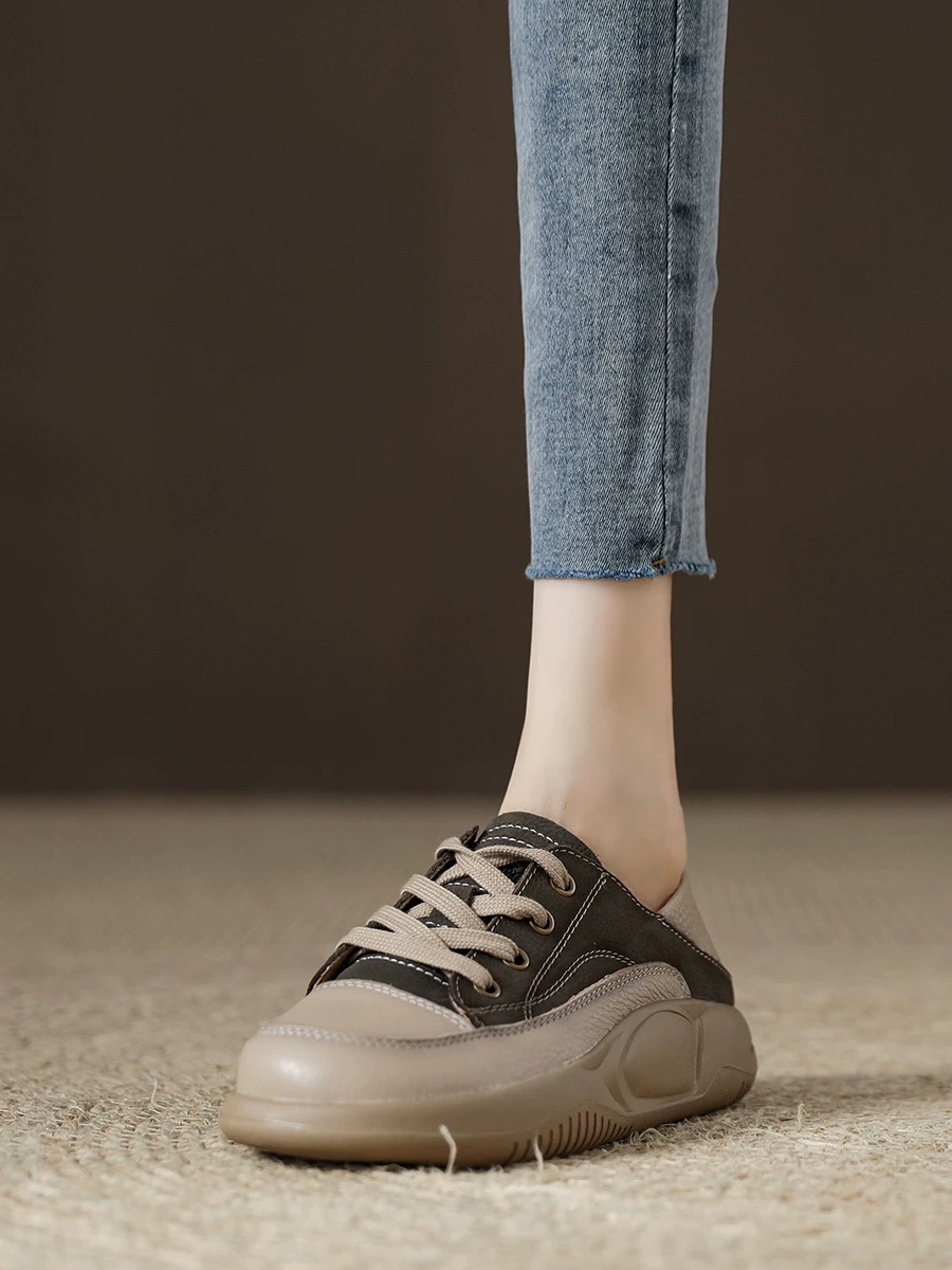 Giày đơn retro da bò cho nữ, da thật, mang được hai kiểu, giày thể thao đế dày, phong cách mới mùa xuân 2026, giày thể thao đế mềm.