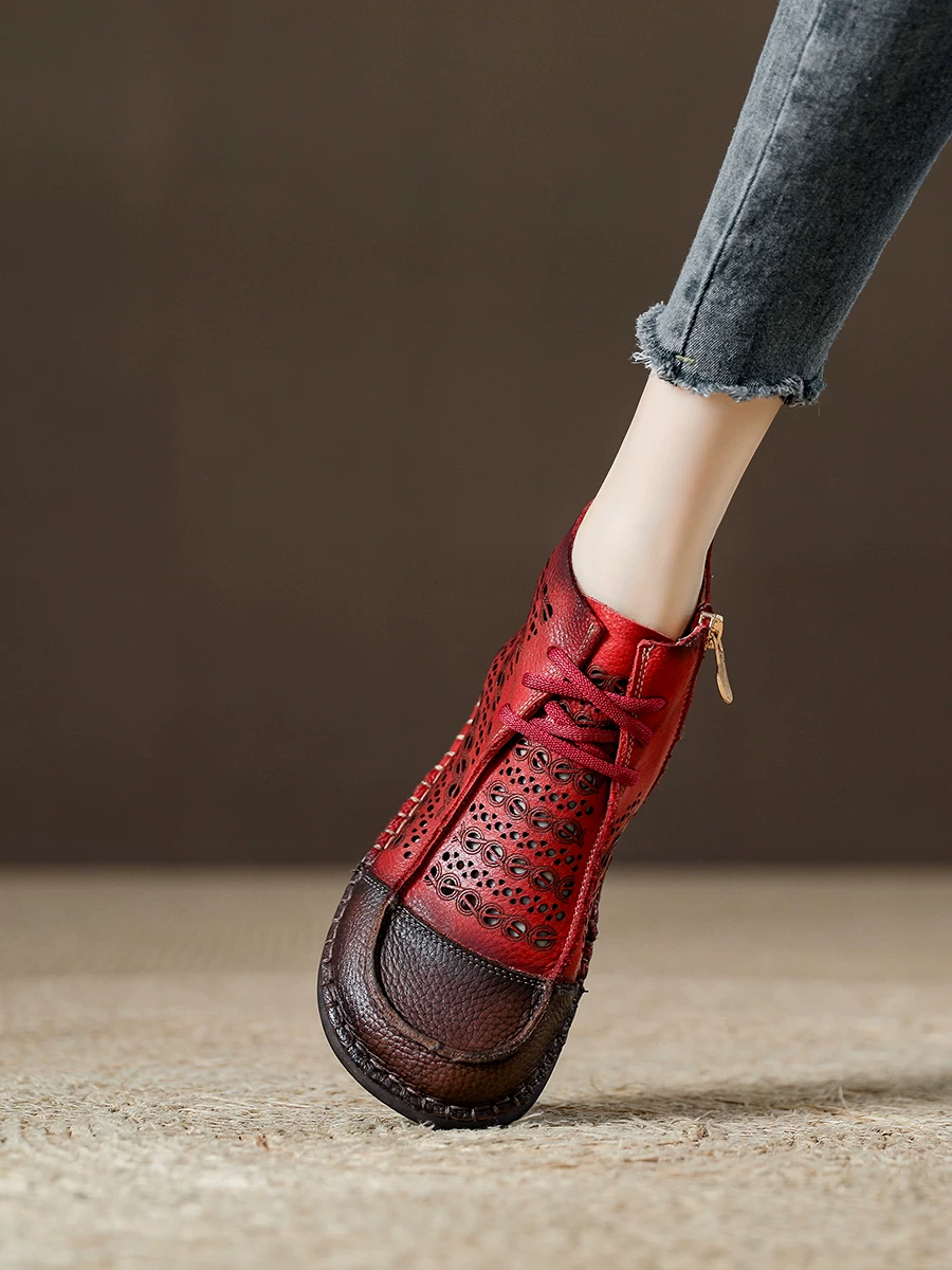 Giày bốt Martin da bò retro khoét lỗ dành cho nữ, kiểu mới hè 2026, chất liệu da thật, đế mềm, sandal cao cổ, giày bốt đục lỗ thời trang.