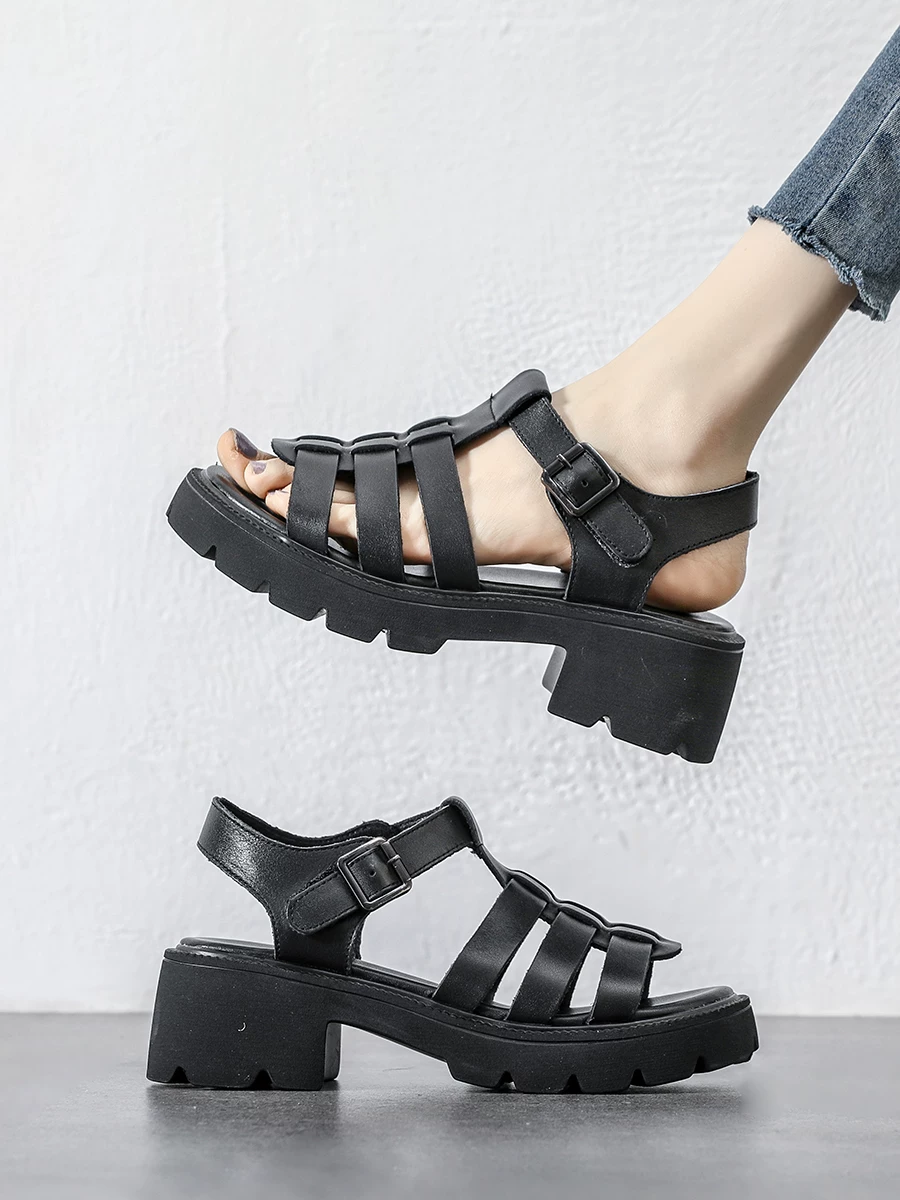 Giày sandal đế dày tăng chiều cao cho nữ, mẫu mới hè 2026 kiểu Pháp, giày cao gót hở mũi da thật, thiết kế rỗng, kiểu La Mã.