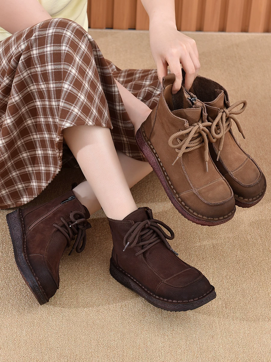 Giày bốt Martin da bò retro nữ, đế mềm, thoải mái, lót lông cừu, giữ ấm, kiểu mới thu 2025, giày bốt ngắn da thật phong cách thường ngày.