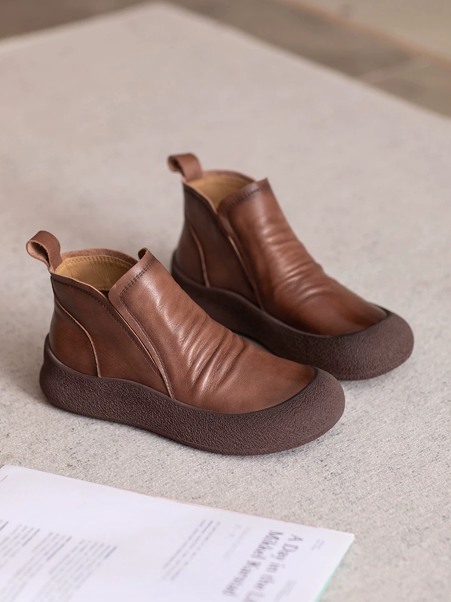 Giày bốt Martin da bò lớp đầu tiên dành cho nữ, giày bốt cổ ngắn da thật đế mềm, giày bốt đơn giản phong cách thường ngày mới mùa thu 2025, giày bốt Chelsea ngắn.