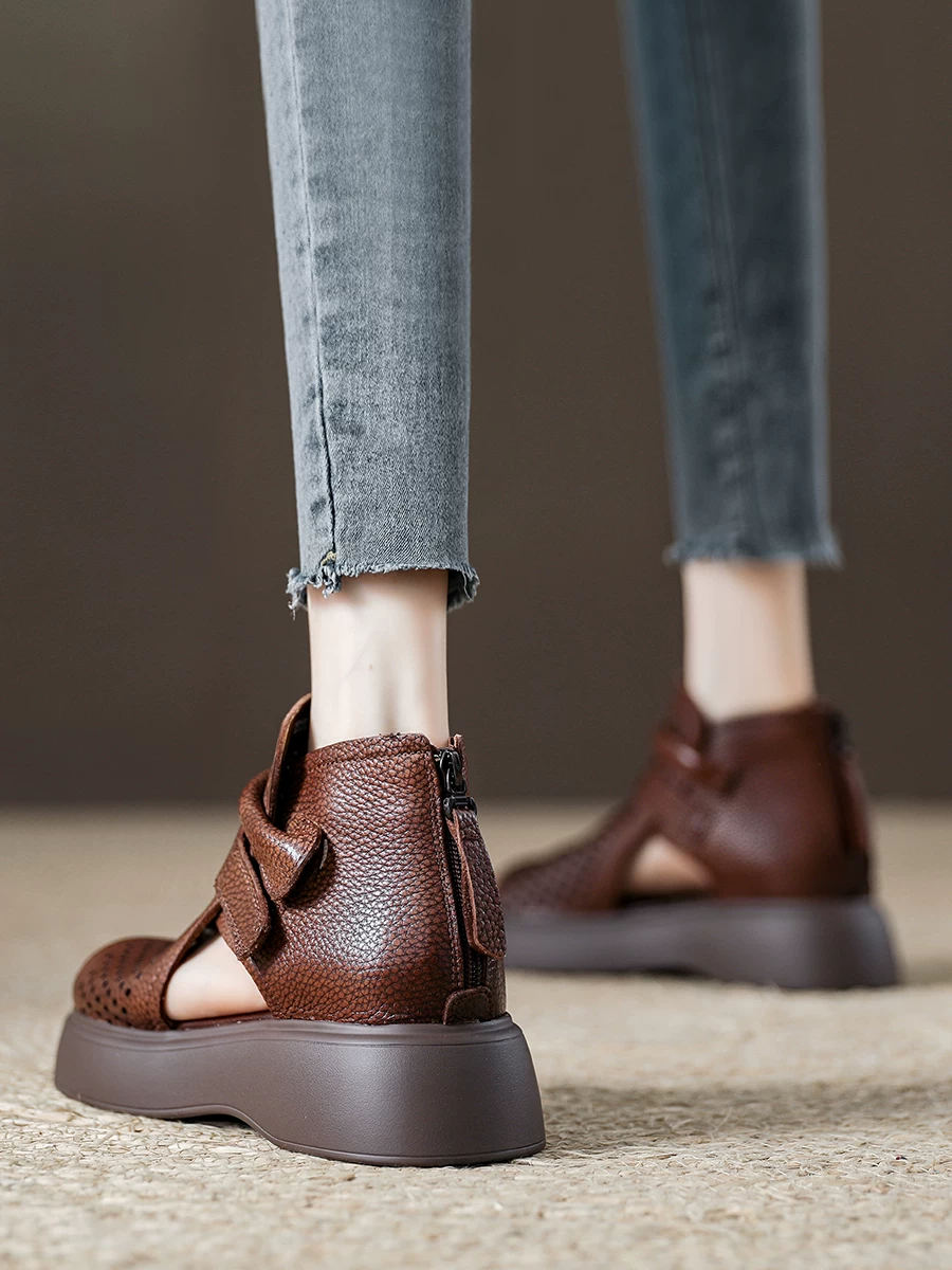 Giày sandal La Mã cổ điển bằng da thật dành cho nữ, đế dày, khoét lỗ, thoáng khí, kiểu dáng cao cổ, phong cách mới mùa hè 2026, giày hở mũi đục lỗ.