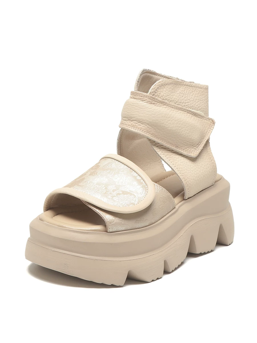 Giày sandal cao cổ dành cho nữ, đế dày, tăng chiều cao, da thật, bốt khoét lỗ, kiểu mới mùa hè 2026, da bò, giày La Mã hở mũi phong cách retro.