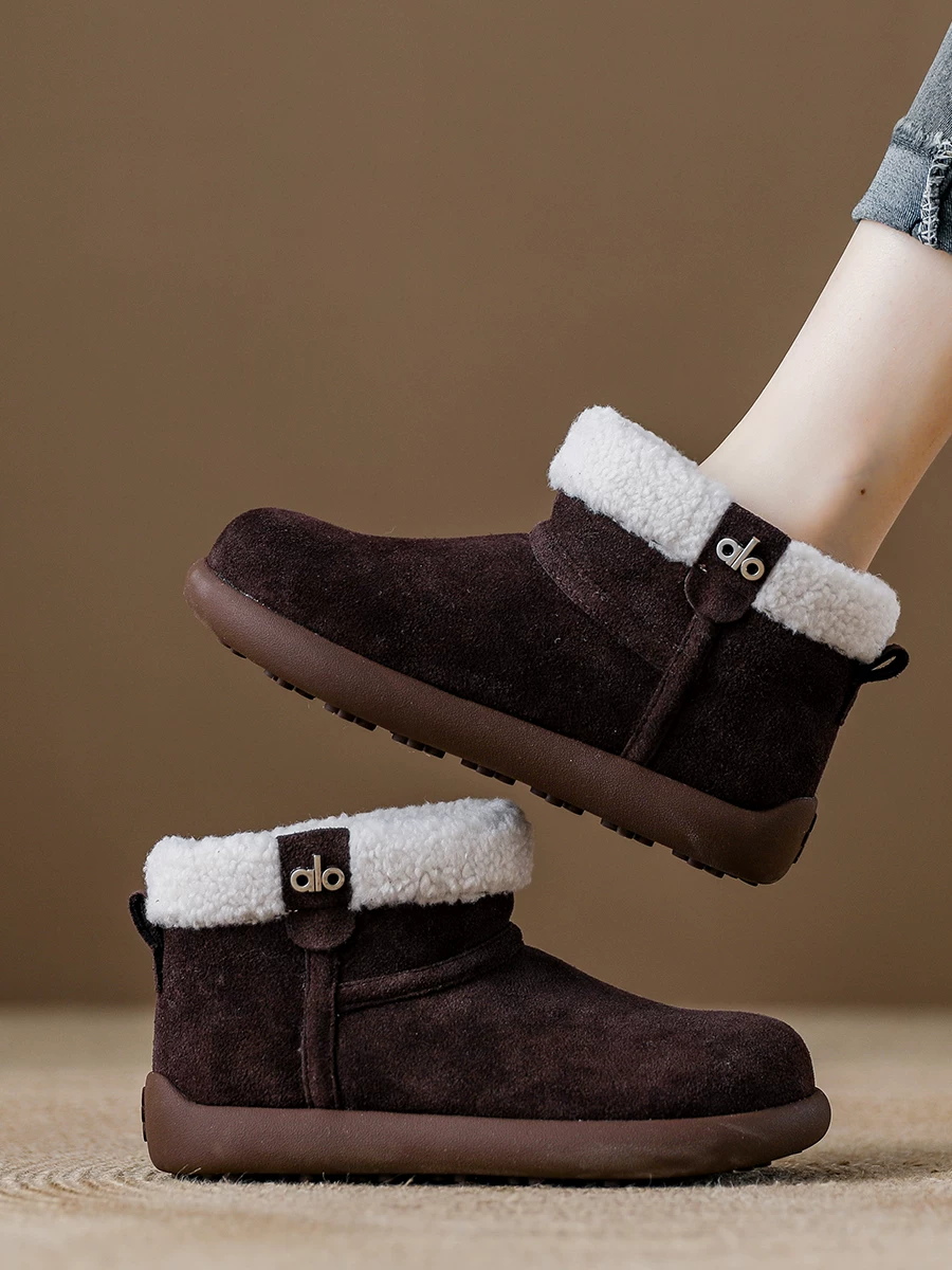 Giày bốt tuyết Little Potato Birkenstock dành cho nữ, kiểu mới mùa đông 2025, bốt ngắn lông xù, đế dày, lót lông cừu, dày dặn, ấm áp, chất liệu cotton.