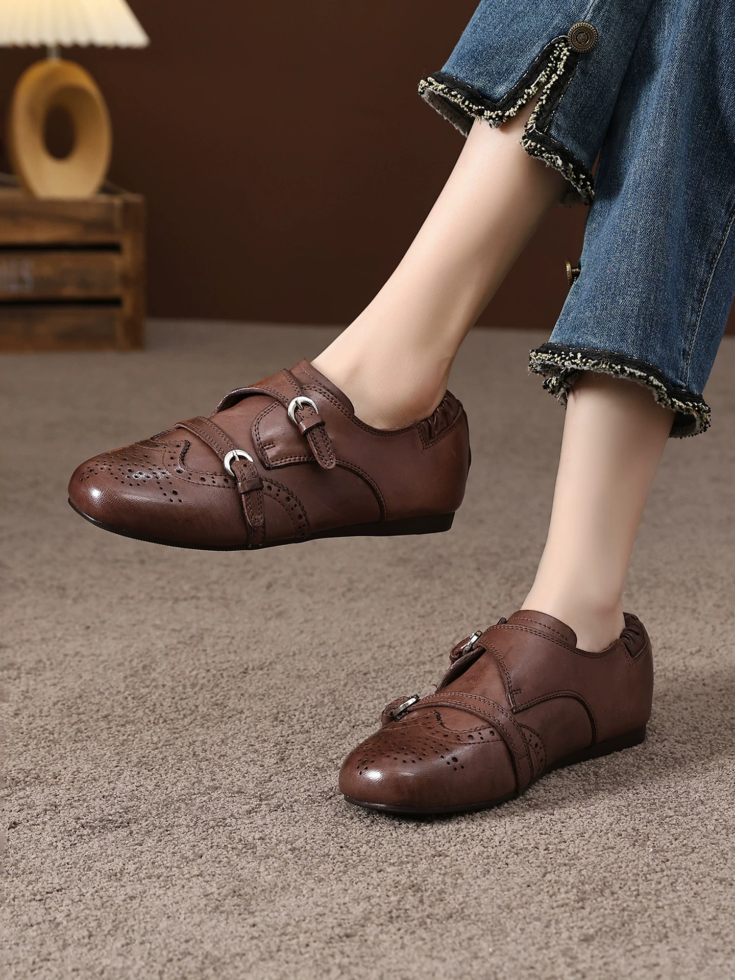 Giày da brogue khắc họa tiết cổ điển bằng da ngựa dành cho nữ, kiểu mới mùa xuân 2026, giày monk phong cách Anh, giày lười Oxford
