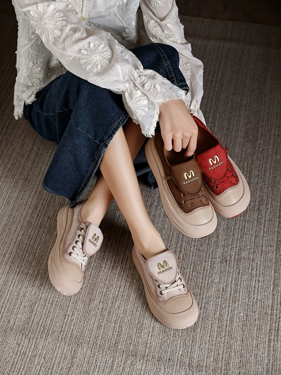 Giày thể thao nữ màu đỏ, da thật, kiểu dáng retro hai kiểu mang, giày trắng, mẫu mới thu 2025, da bò lớp trên cùng, giày casual retro.