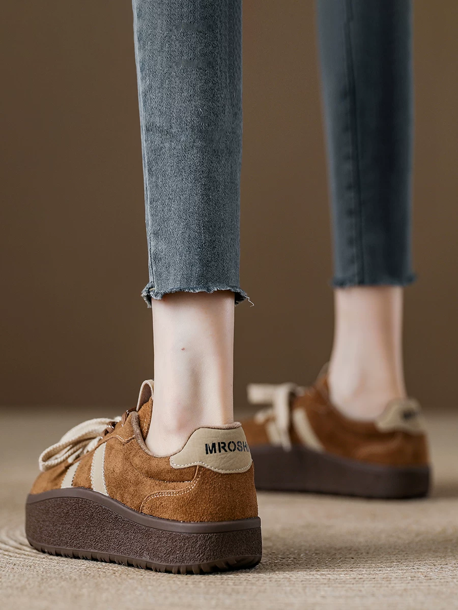Giày thể thao nữ da lộn kiểu Đức cổ điển, giày sneaker đế dày lót lông, mẫu mới mùa đông 2025, giày lười thể thao đế cong.