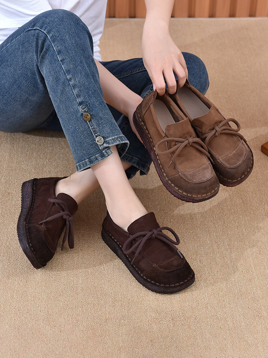 Giày lười da bò retro nữ đế cao su mềm, giày lười đi êm, mẫu mới thu 2025, giày moccasin lười.