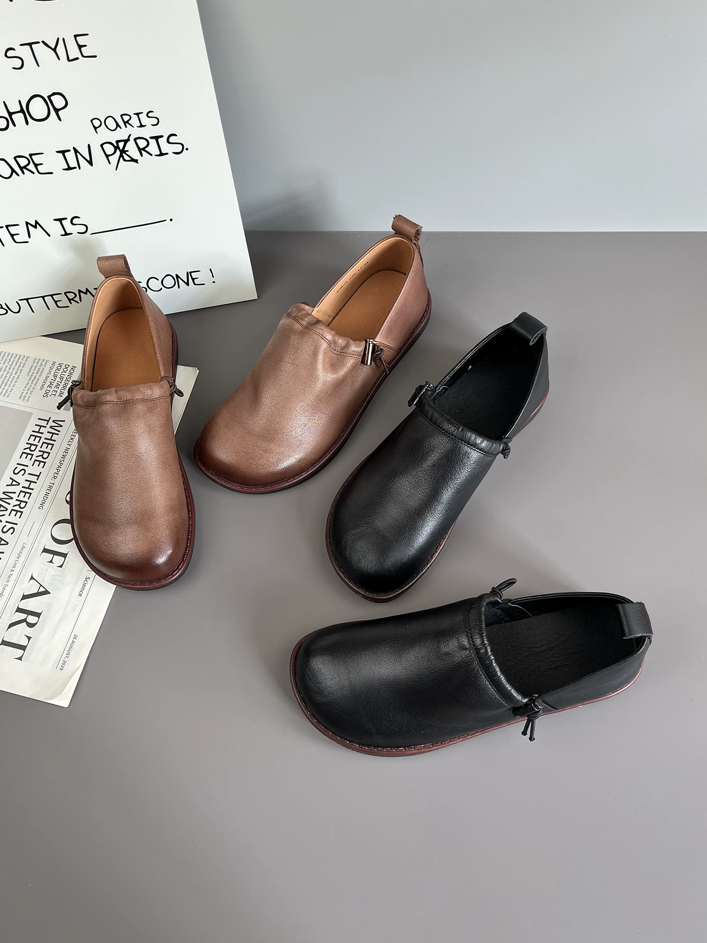 Giày bệt da bò nâu phong cách retro dành cho nữ, kiểu mới xuân 2026, da thật mềm, đế mềm, giày da nhỏ gọn, kiểu lười.