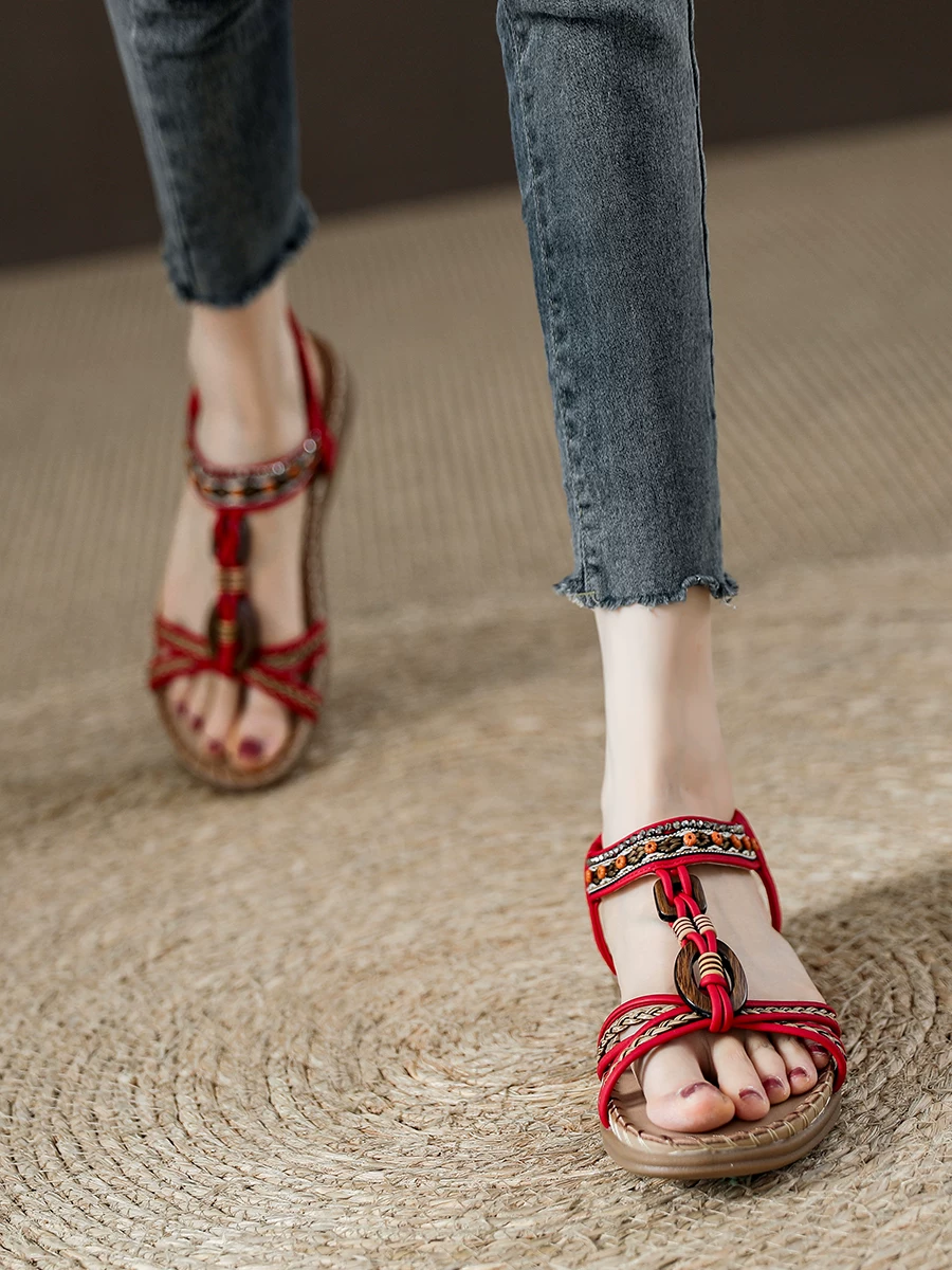 Dép đi biển phong cách Bohemian cho nữ, giày La Mã dệt kiểu dân tộc, giày đi biển đế bằng hở mũi mới mùa hè 2026.