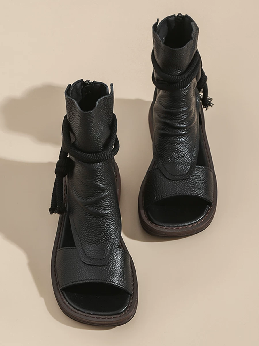 Giày sandal La Mã cổ điển bằng da thật dành cho nữ, giày sandal cao cổ hở mũi thông thường, phong cách mới mùa hè 2026, bốt ngắn thoáng khí khoét lỗ.