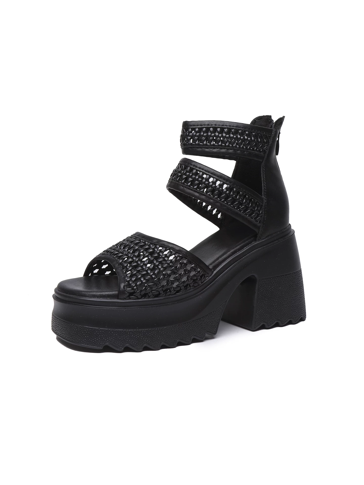 Giày sandal cao gót hở mũi dệt rỗng cho nữ, gót dày, đế dày, giày La Mã tăng chiều cao, giày sandal cao cổ mới mùa hè 2026.