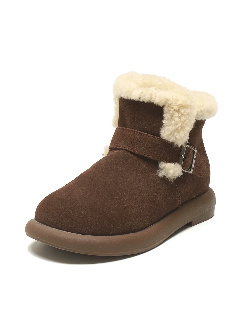 Giày bốt len cừu nữ, kiểu retro da lộn, giày bốt ngắn Birkenstock lót lông cừu, giày bông dày giữ ấm mùa đông 2025 mới.