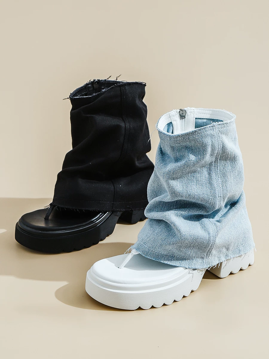 Giày bốt denim nữ có gót dày và đế đúp, dép cao gót kiểu dây quai, kiểu dáng mỏng mùa hè 2026, bốt ngắn xếp lớp, dép tăng chiều cao.