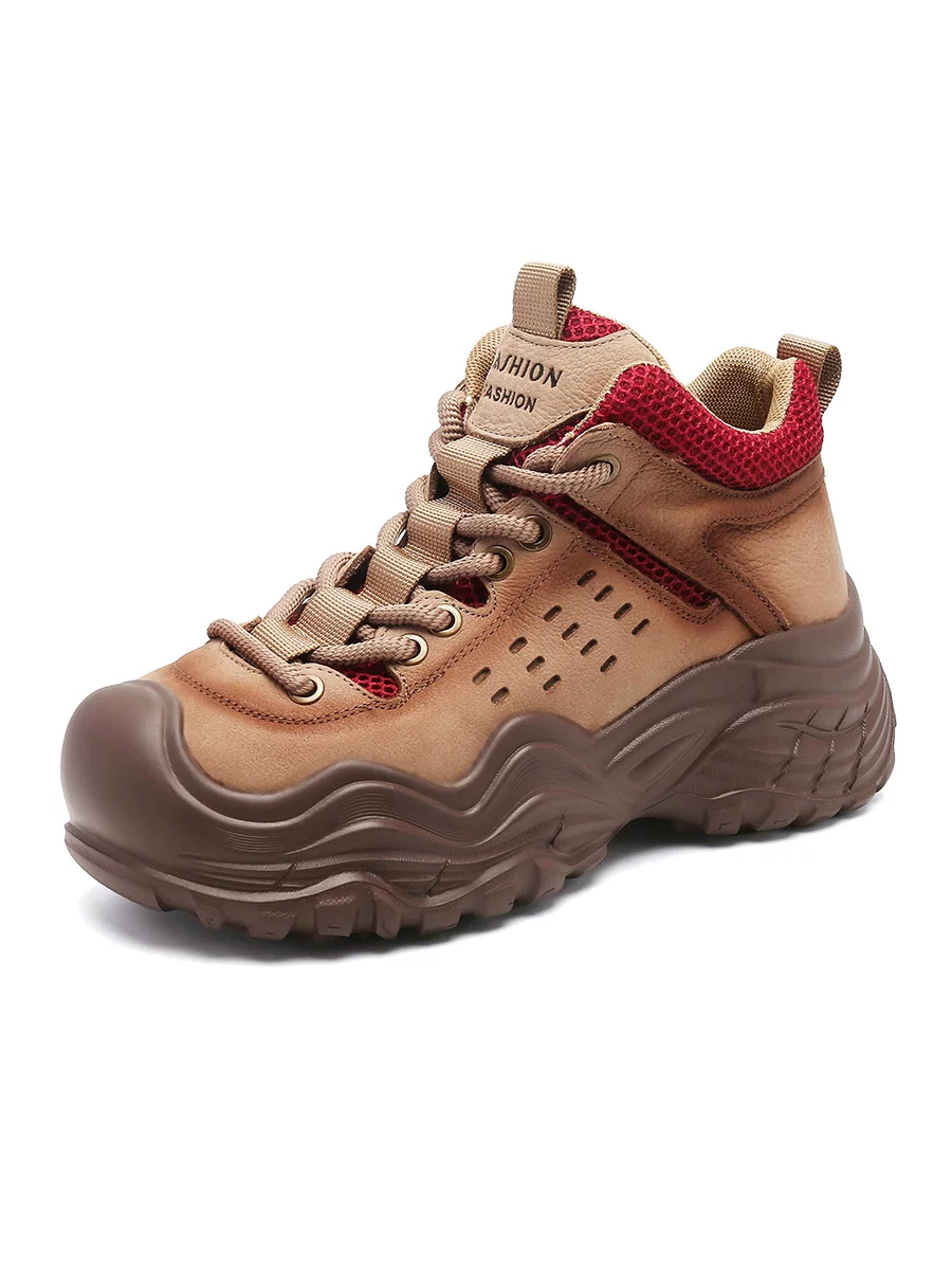 Giày leo núi da thật dành cho nữ, giày thể thao đế dày tăng chiều cao, giày sneaker cao cổ đi bộ ngoài trời mới mùa thu 2025