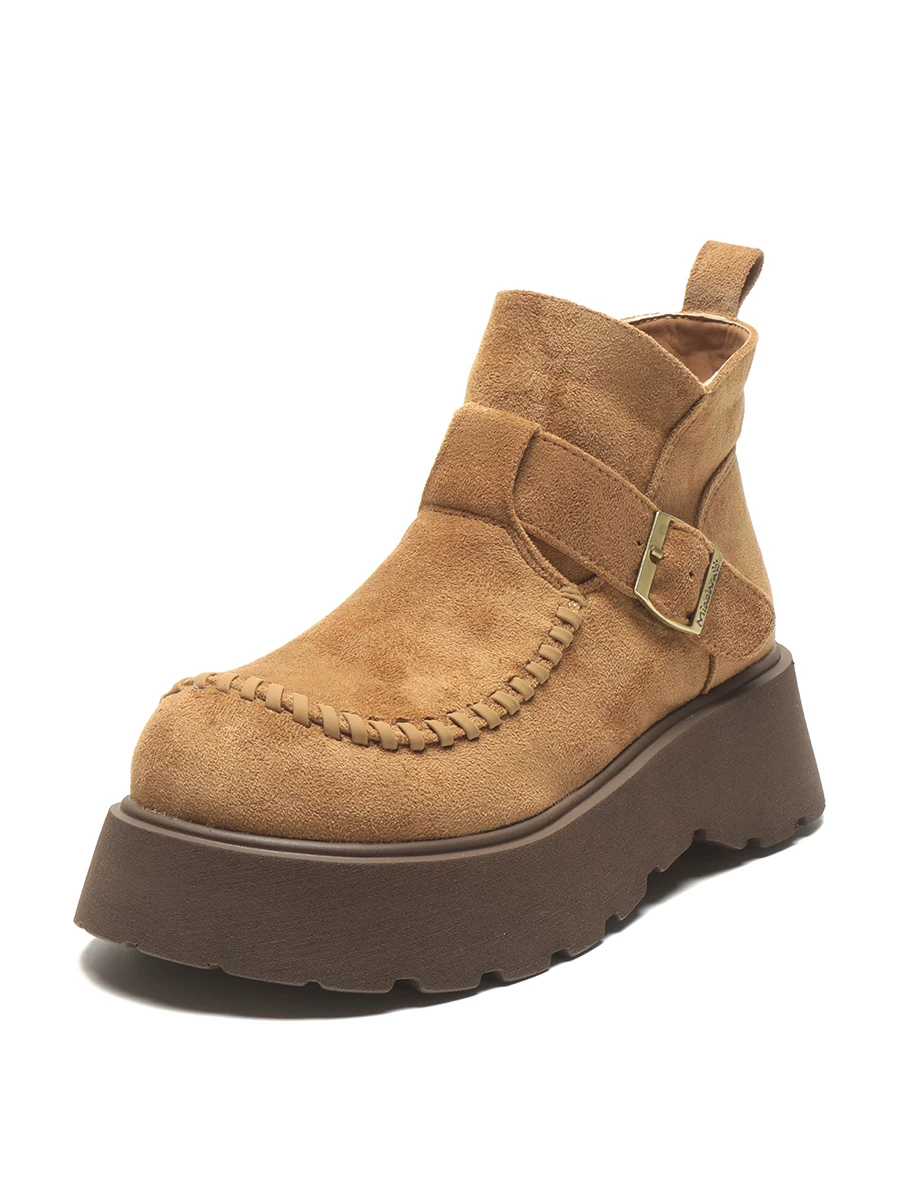Giày bốt ngắn Birkenstock nữ, giày bốt Martin đế dày tăng chiều cao phong cách Anh, mẫu mới thu 2025, giày bốt nữ cao cổ da lộn retro.