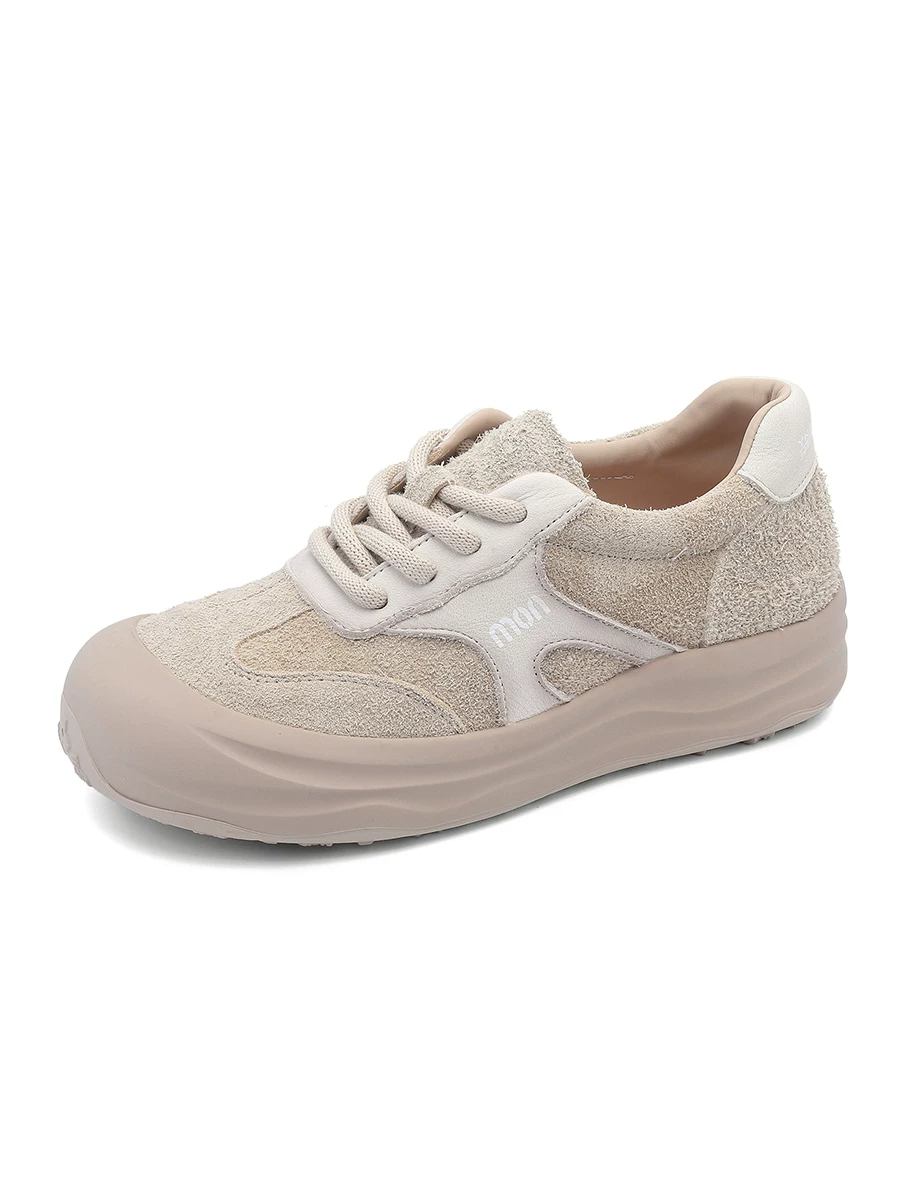 Giày thể thao nữ da lộn kiểu retro Đức, giày sneaker đế dày, giày thể thao da thật màu trắng mới mùa thu 2025 dành cho nữ.