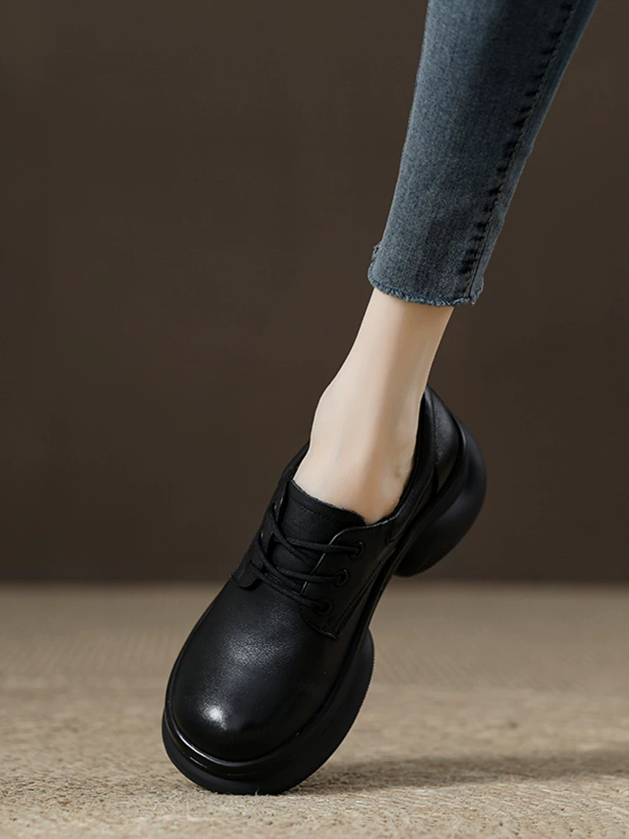 Giày da bò màu nâu phong cách retro kiểu Anh dành cho nữ giày da đế dày đế dày giày lười da thật mùa xuân 2026 giày thường ngày mới