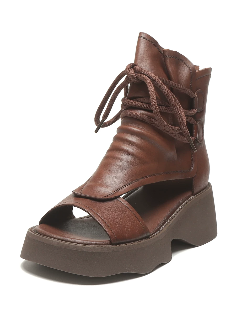 Giày sandal cao cổ kiểu La Mã bằng da thật dành cho nữ, giày bốt Martin đế dày miệng cá, sandal khoét lỗ kiểu mới mùa hè 2026.