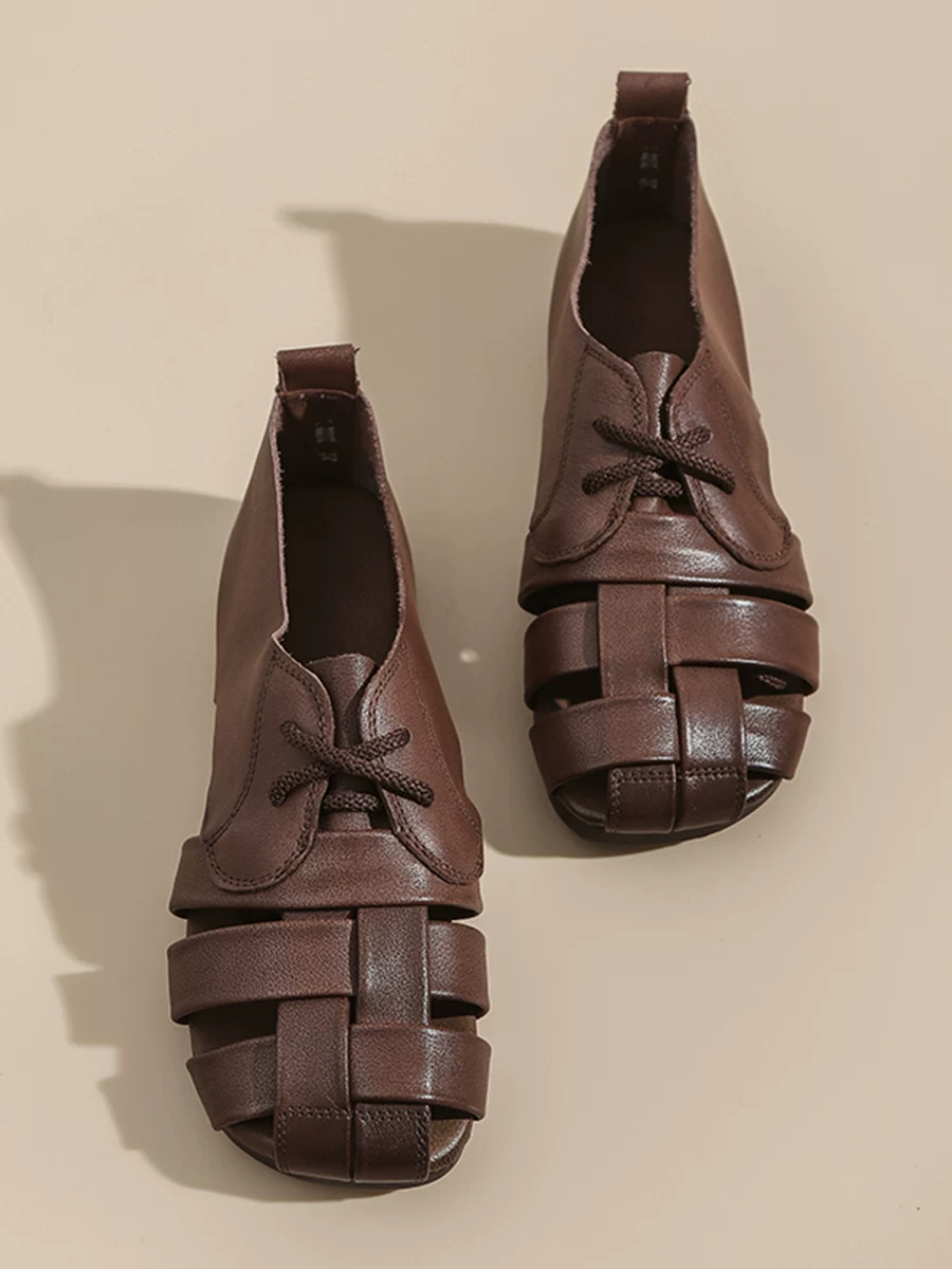 Giày sandal La Mã mũi kín bằng da thật phong cách retro dành cho nữ, kiểu mới mùa hè 2026, giày nữ đế mềm khoét lỗ, giày lồng heo dệt tay.