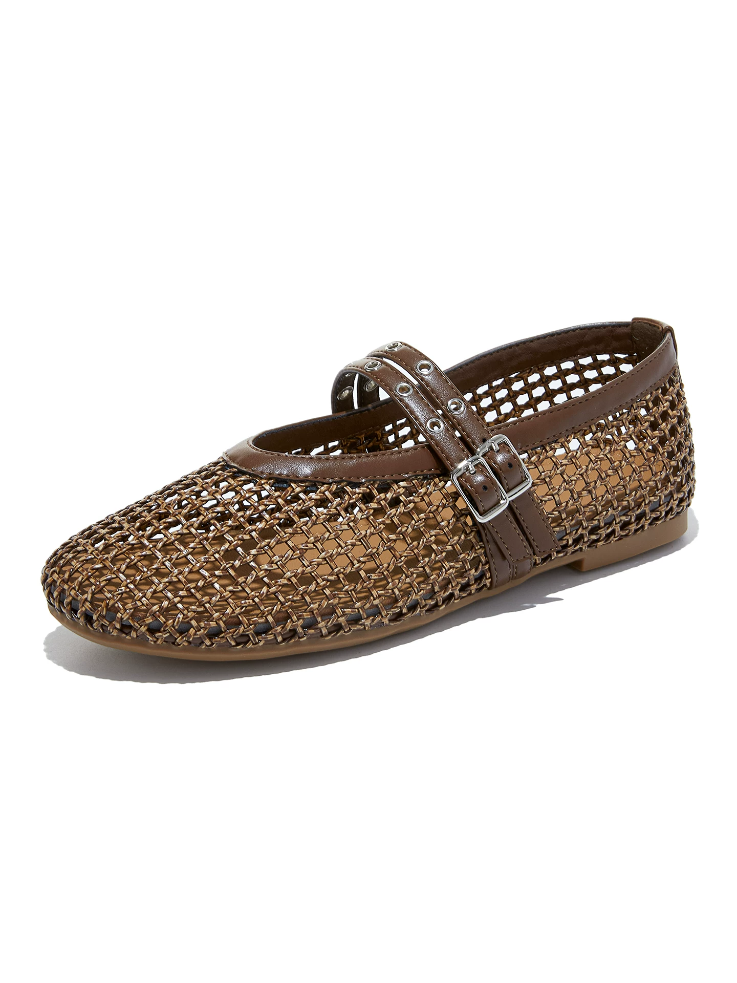 Giày sandal Mary Jane dệt rỗng cho nữ, giày ba lê lưới cá mập đế bằng, kiểu mới xuân hè 2026, giày bệt quai đơn miệng nông.