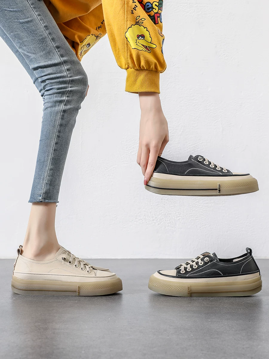 Giày nữ da bò thật kiểu retro màu trắng, mẫu mới xuân 2026, kiểu lười, đế mềm, đế dày, giày thể thao thường ngày