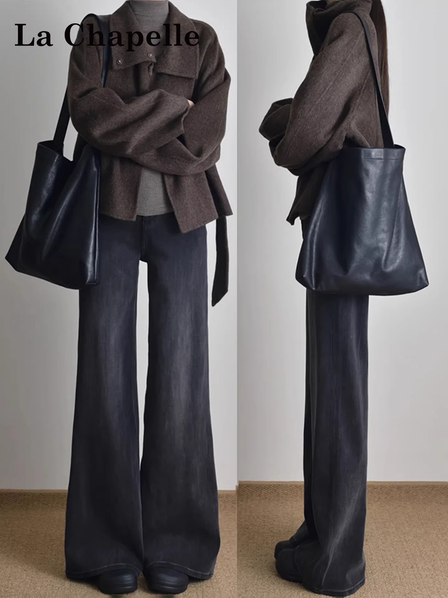 Quần jeans ống loe lót lông màu đen và xám La Chapelle dành cho nữ, mẫu mới thu đông 2025, cạp cao, tôn dáng.