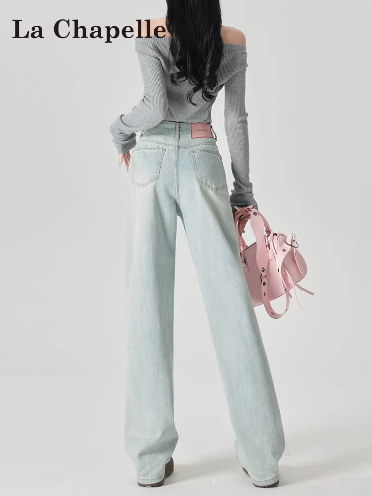 Quần jean ống rộng lót lông màu sáng La Chapelle dành cho nữ, quần ống đứng cạp cao dáng nhỏ nhắn mới mùa thu đông 2025