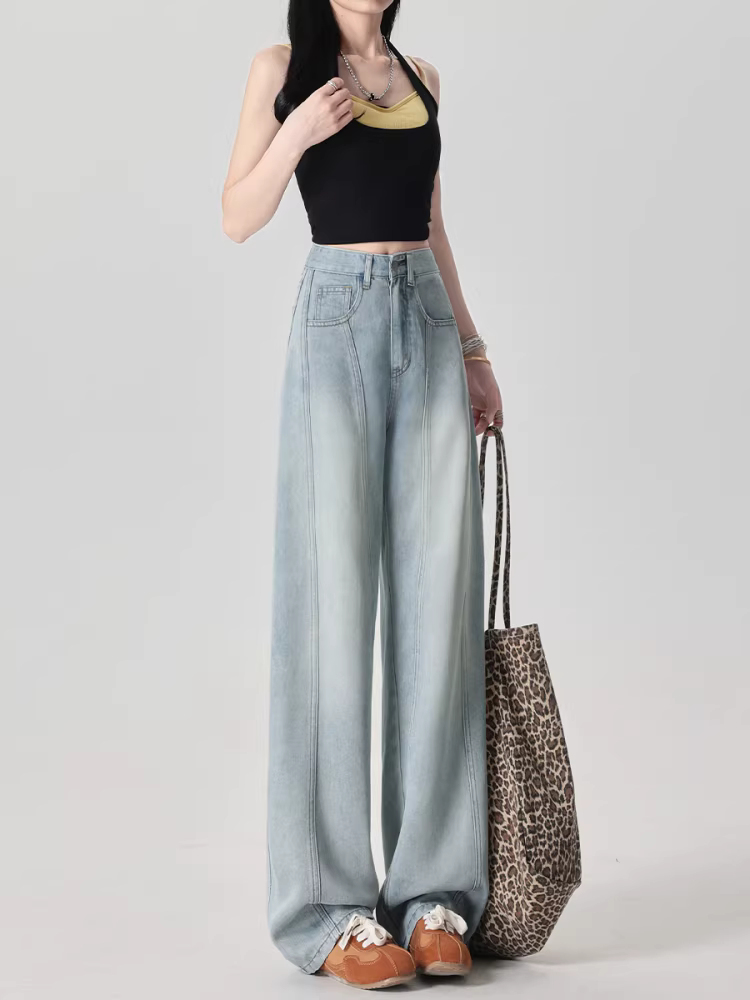 Quần jeans ống rộng La Chapelle Tencel dành cho nữ, mẫu mới hè 2025, cạp cao, dáng rộng, ống thẳng, kiểu dáng cong