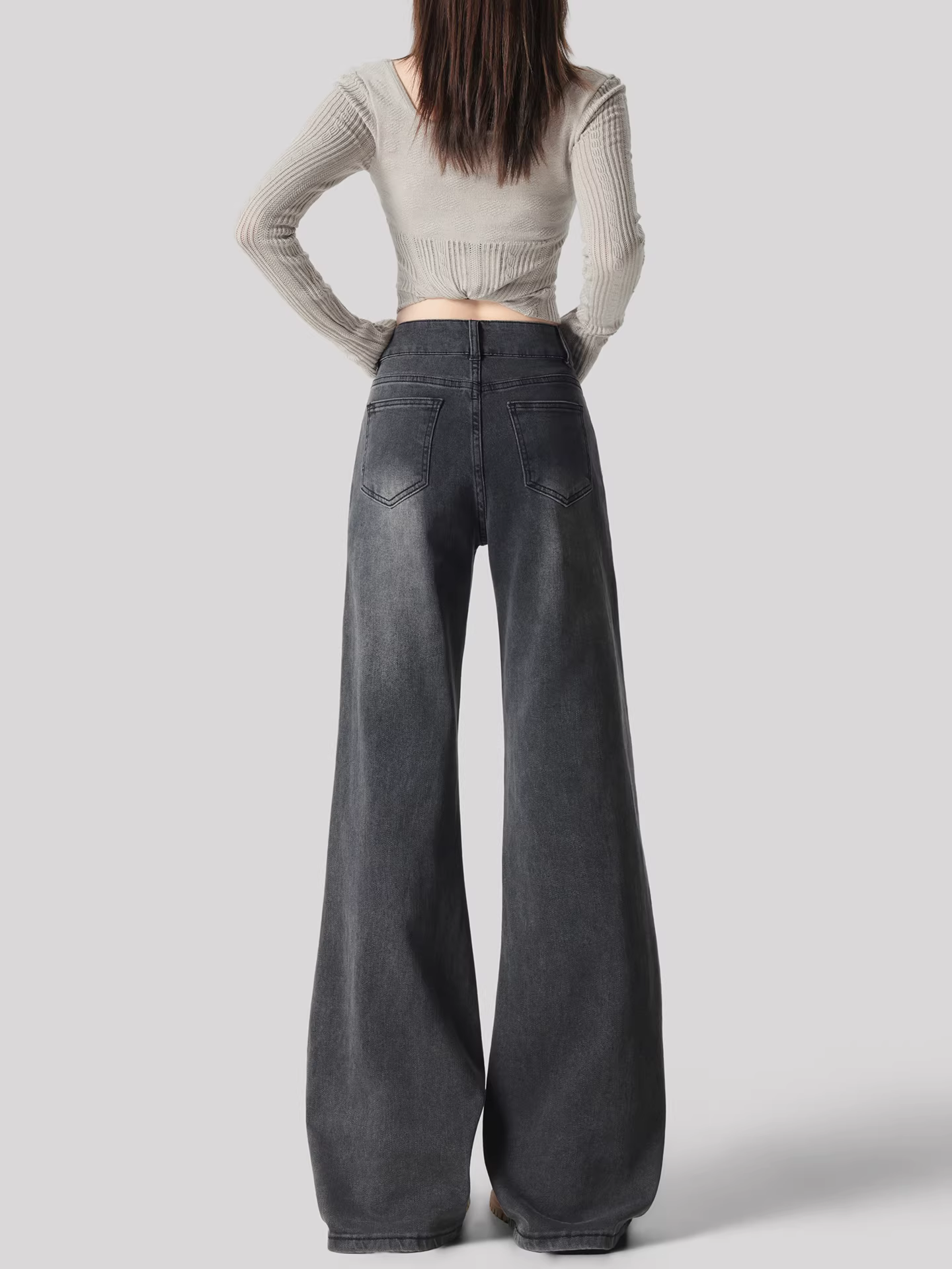 Quần jean nữ La Chapelle màu xám, lót lông cừu dày, dáng loe, kiểu mới thu đông 2025, cạp cao, ống chuông