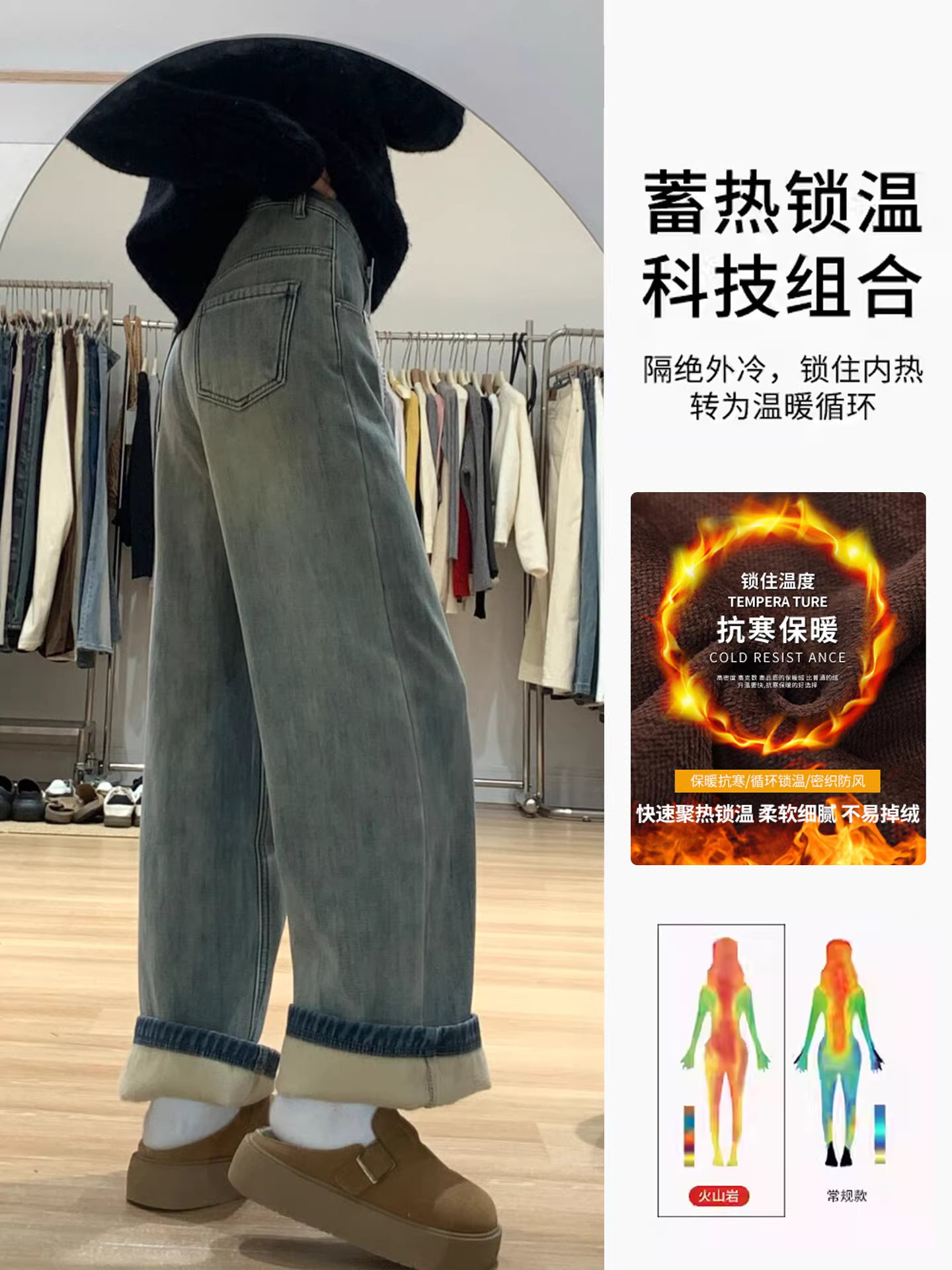 Quần jeans ống rộng lót lông cừu La Chapelle kiểu vintage dành cho nữ, mẫu mới thu đông 2025, cạp cao, dáng rộng, suôn thẳng