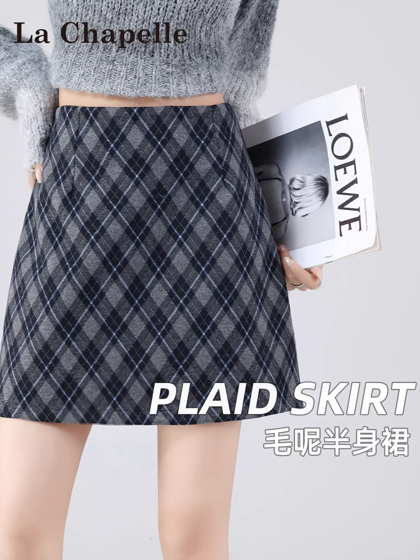Váy len kẻ ca rô La Chapelle kiểu retro dành cho nữ, mẫu mới thu đông 2025, cạp cao, dáng chữ A, ôm hông, ngắn.
