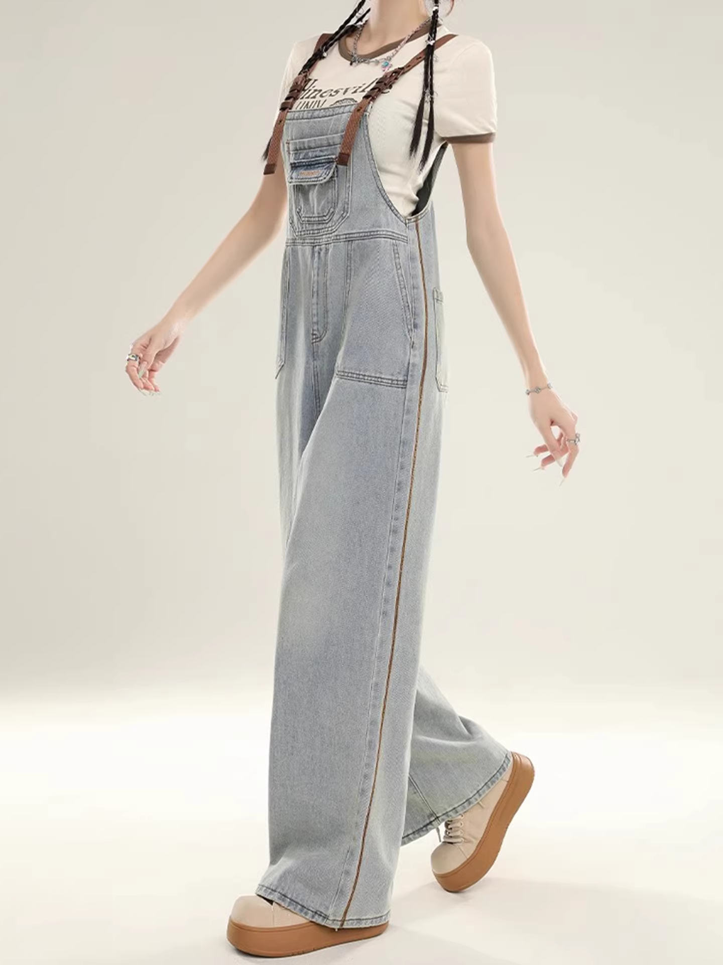 Quần yếm denim kiểu Mỹ La Chapelle dành cho nữ, kiểu mới mùa thu 2025, dáng rộng lưng cao, size nhỏ.