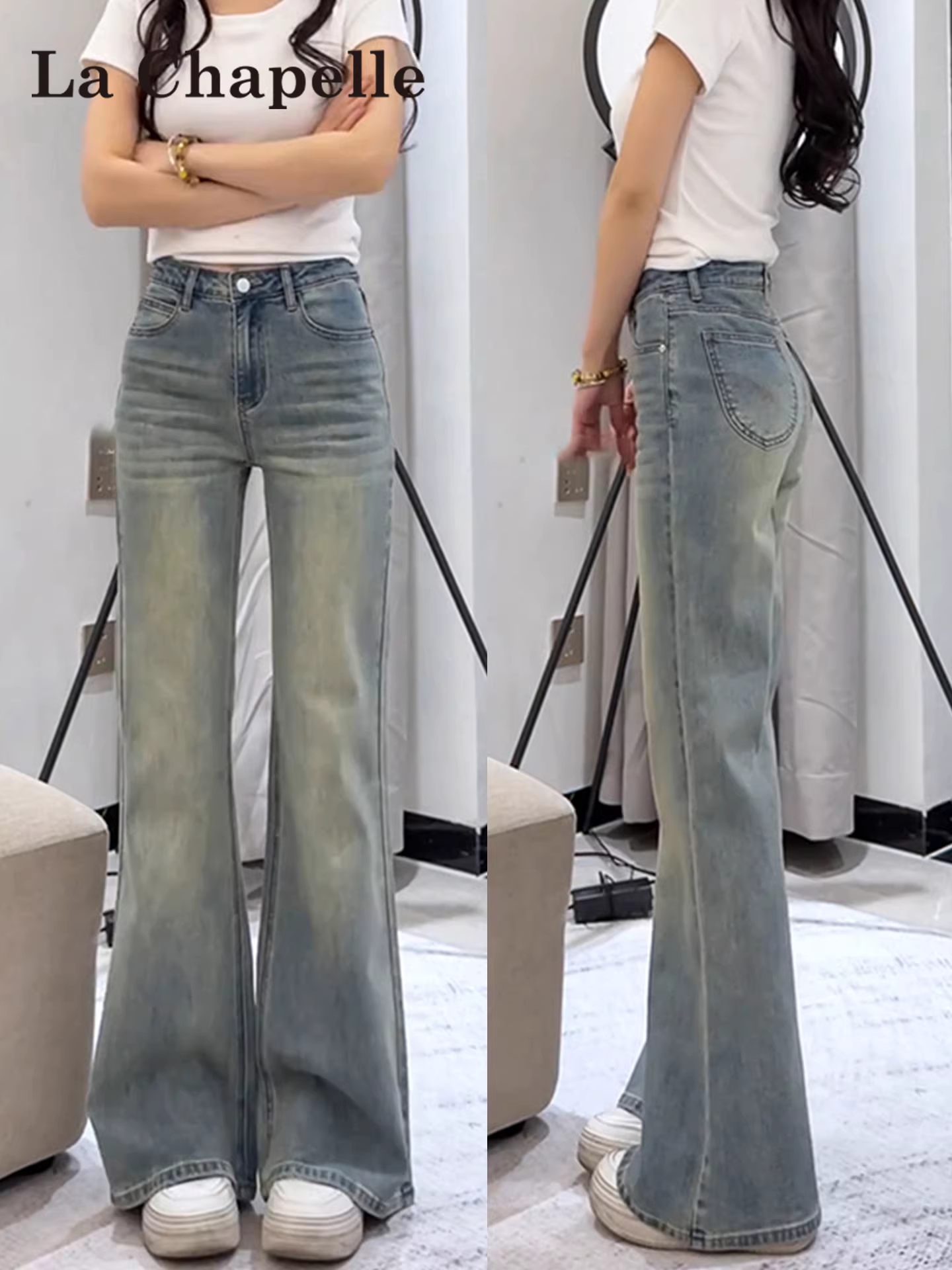 Quần jeans bootcut La Chapelle kiểu retro dành cho nữ, mẫu mới thu đông 2025, cạp cao, chất liệu co giãn, dáng loe