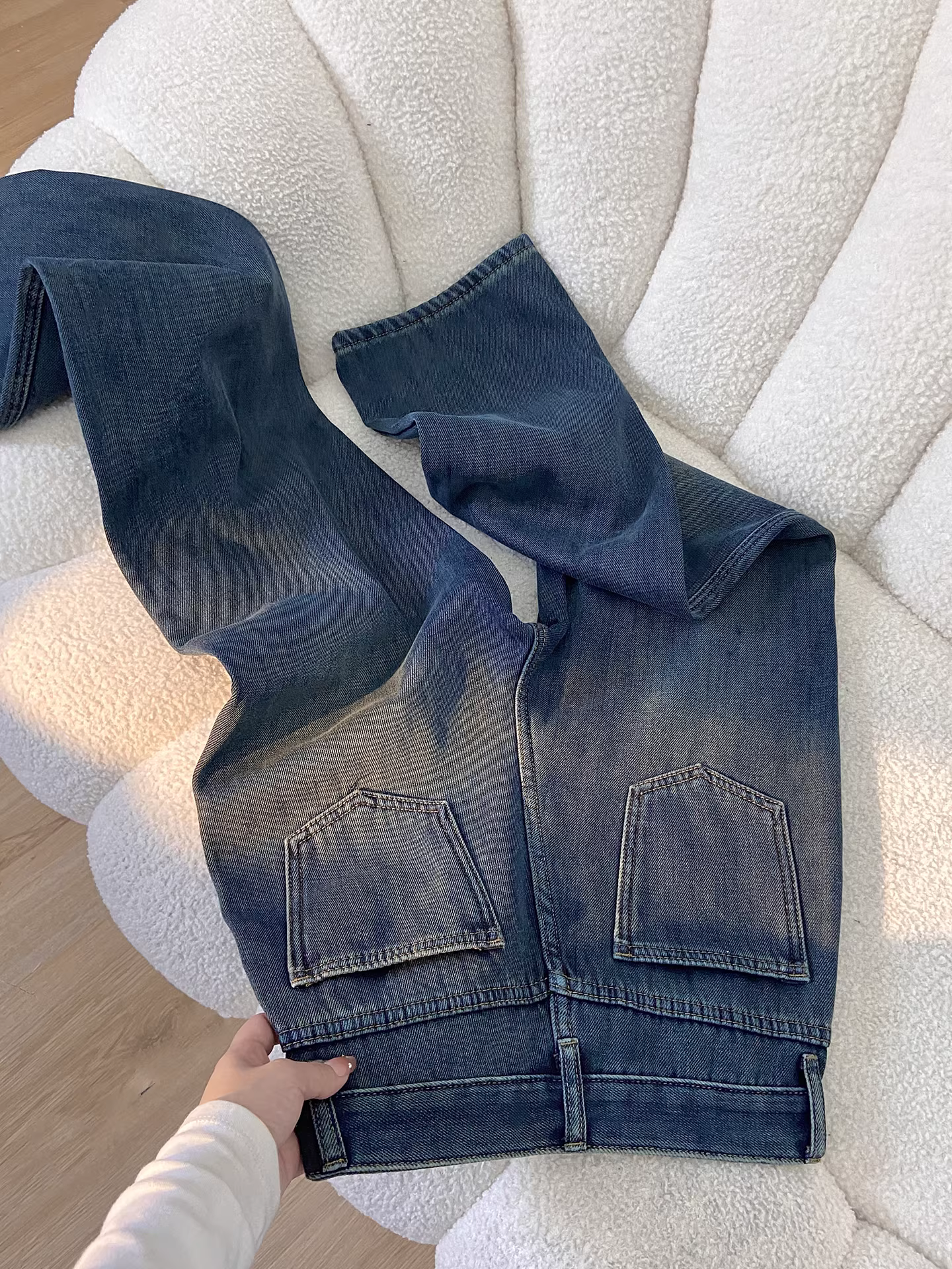 Quần jeans ống rộng dày dặn lót lông La Chapelle dành cho nữ, mẫu mới thu đông 2025, cạp cao, dáng ôm thẳng