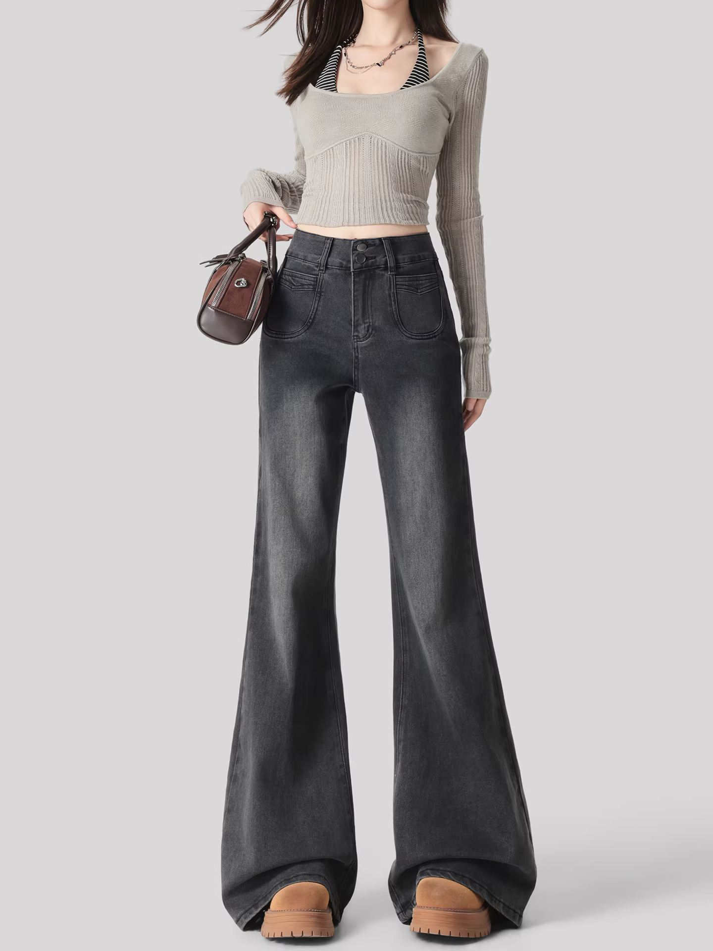 Quần jean nữ La Chapelle màu xám, lót lông cừu dày, dáng loe, kiểu mới thu đông 2025, cạp cao, ống chuông