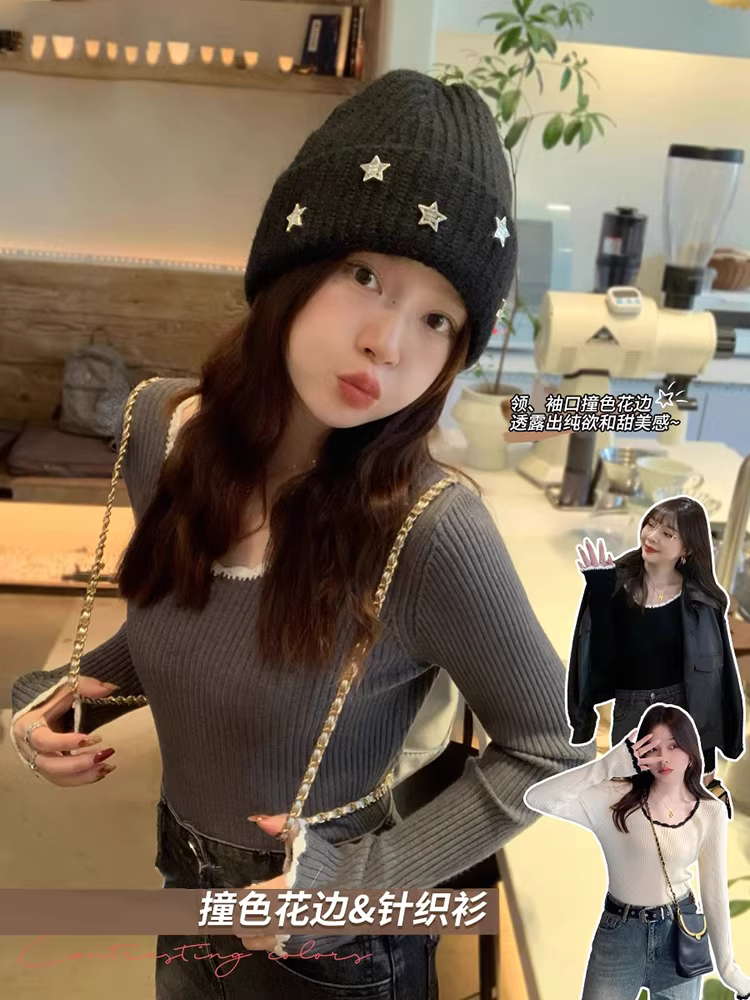 Áo len dệt kim cổ vuông màu xám La Chapelle dành cho nữ, kiểu dáng mới thu đông 2025, áo lót ôm sát.