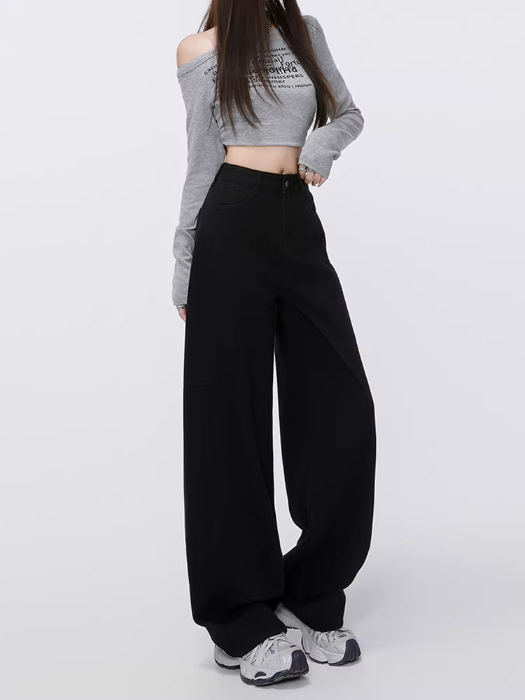 Quần jeans đen La Chapelle ống rộng dành cho nữ, kiểu mới thu đông 2025, quần dáng suông lưng cao, size nhỏ.