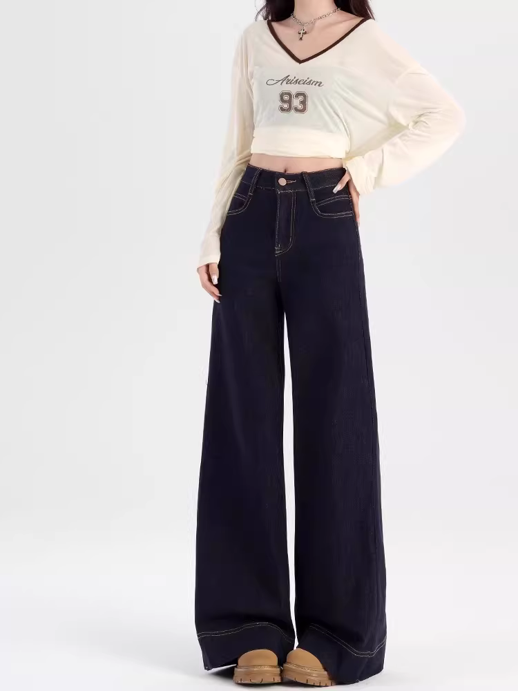 Quần jeans xanh denim dáng loe La Chapelle dành cho nữ, mẫu mới thu đông 2025, cạp cao, lót lông, dáng thẳng, size nhỏ