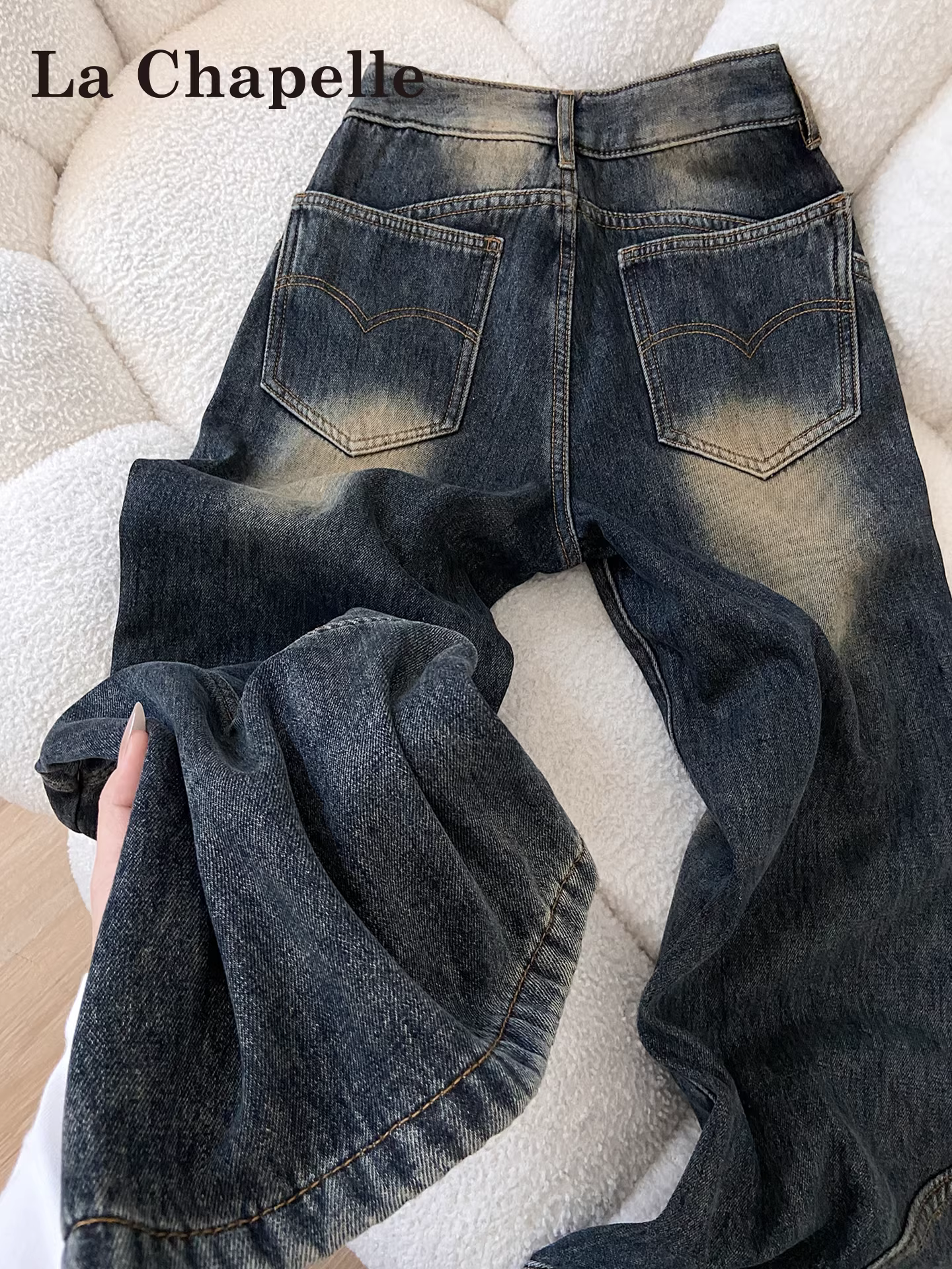 Quần jeans ống loe dày dặn lót lông cừu La Chapelle dành cho nữ, mẫu mới thu đông 2025, cạp cao