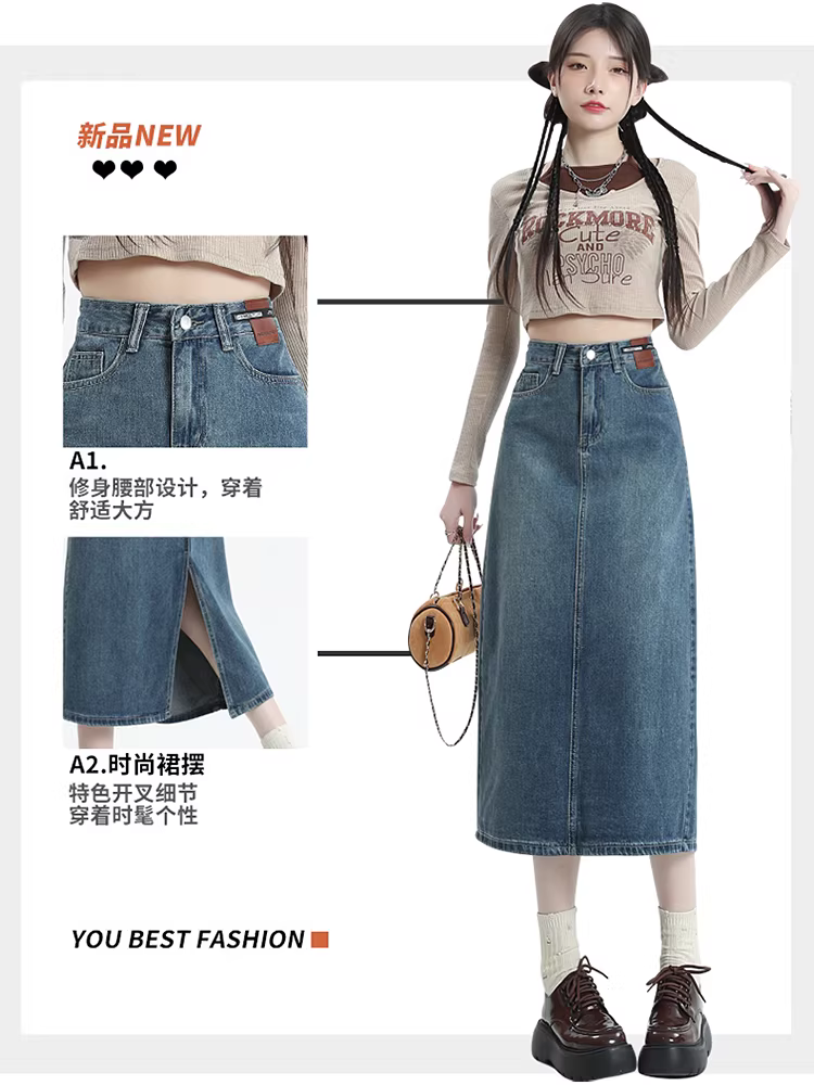 Chân váy denim xẻ tà La Chapelle dành cho nữ, mẫu mới thu đông 2025, cạp cao, dáng chữ A, dài qua gối.