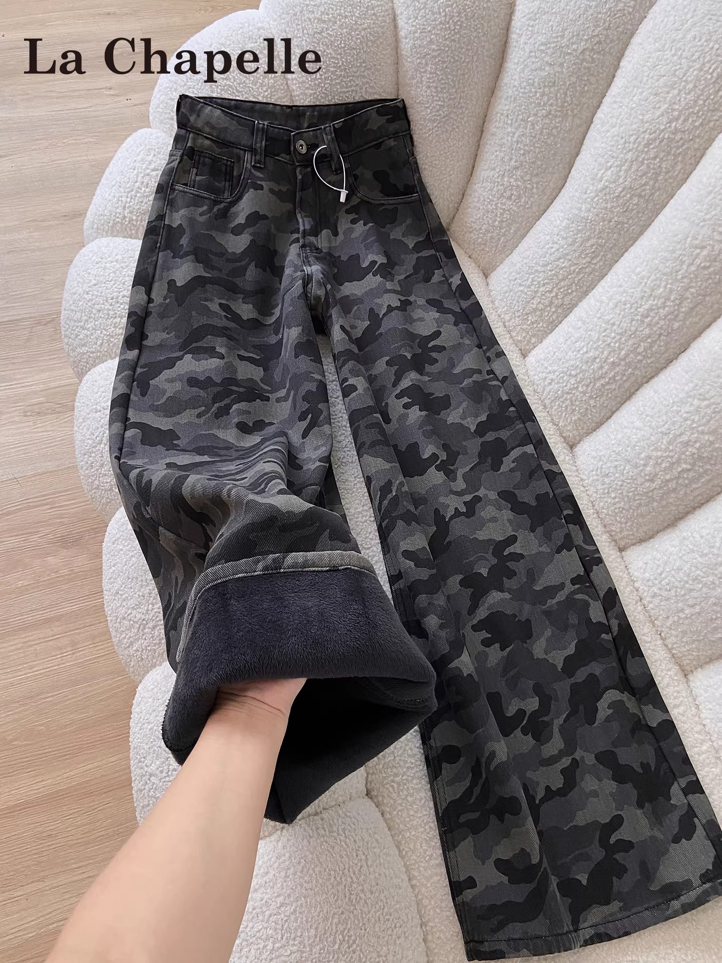 Quần jeans lót lông màu xám La Chapelle dành cho nữ, quần cargo ống rộng cạp cao dáng nhỏ nhắn mới mùa thu đông 2025