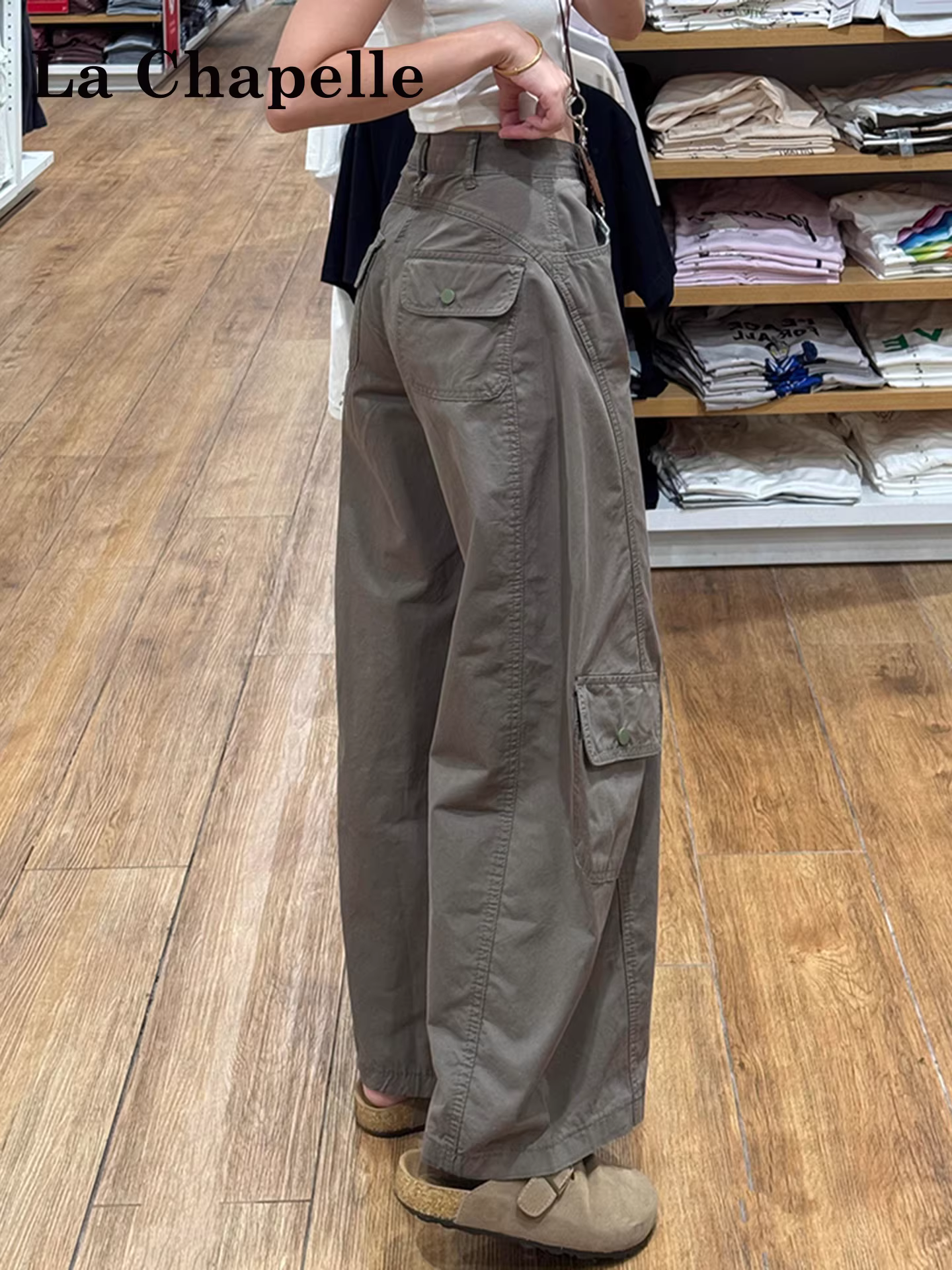 Quần cargo ống rộng lót lông phong cách Mỹ màu xanh La Chapelle dành cho nữ, mẫu mới thu đông 2025, cạp cao, kiểu dáng xuông thoải mái