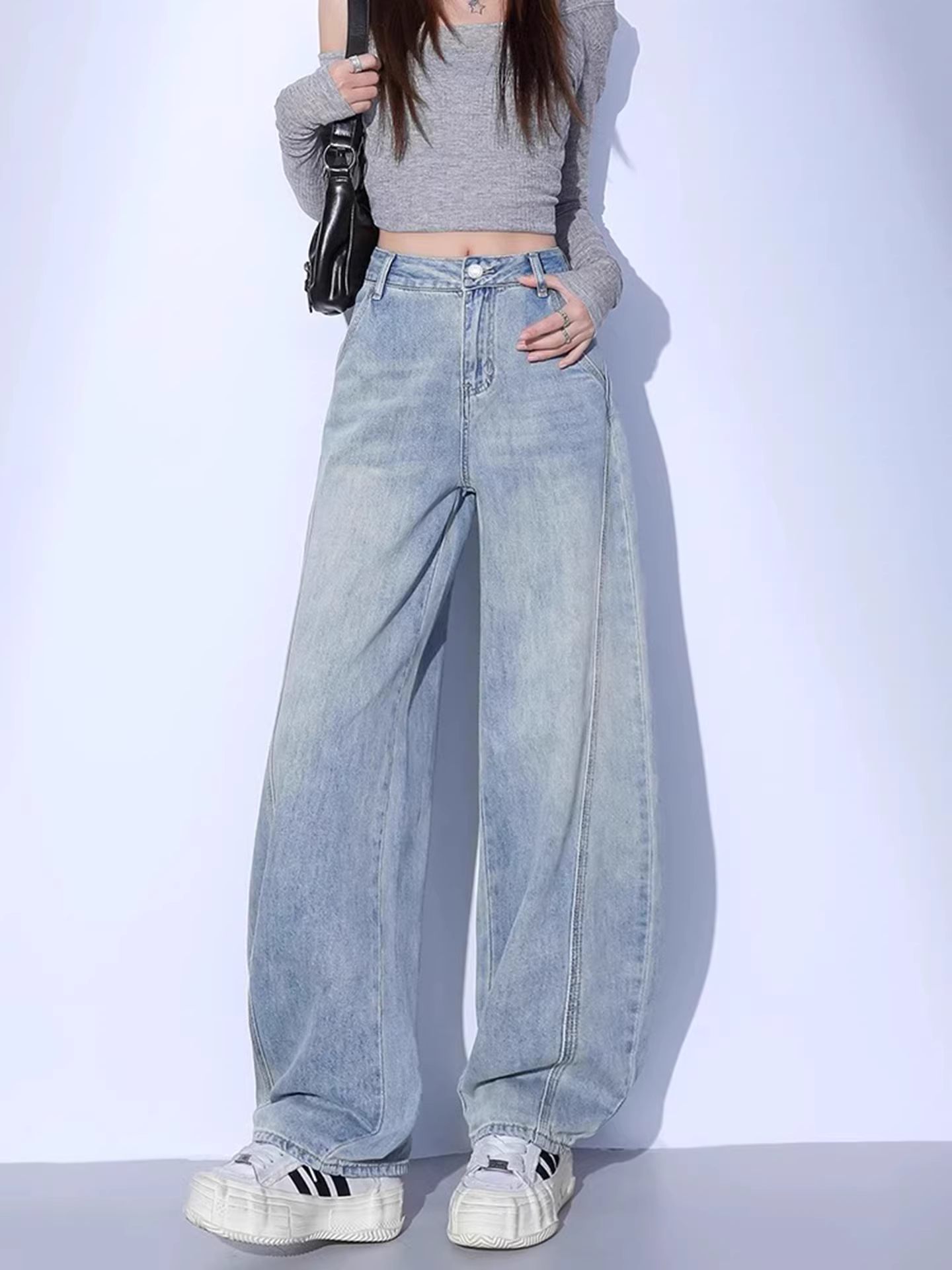 Quần jeans ống rộng La Chapelle retro che hông dành cho nữ, mẫu mới thu đông 2025, cạp cao, dáng rộng, thẳng