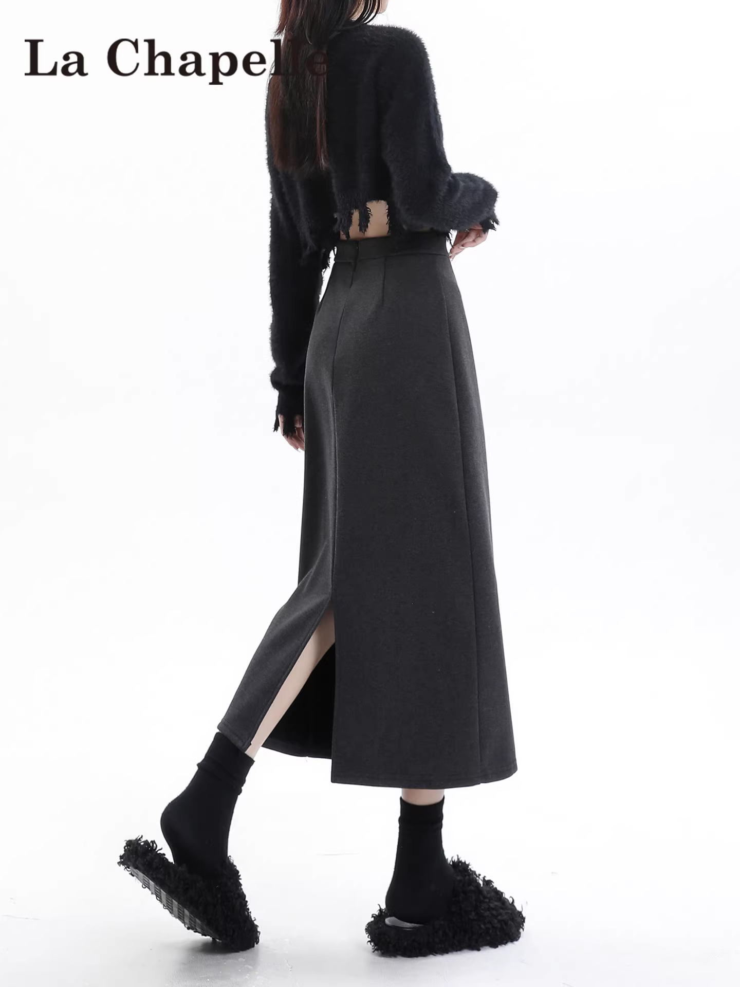 Váy len lót lông màu xám La Chapelle dành cho nữ, váy dài ngang hông xẻ tà cao cấp mùa thu đông 2025