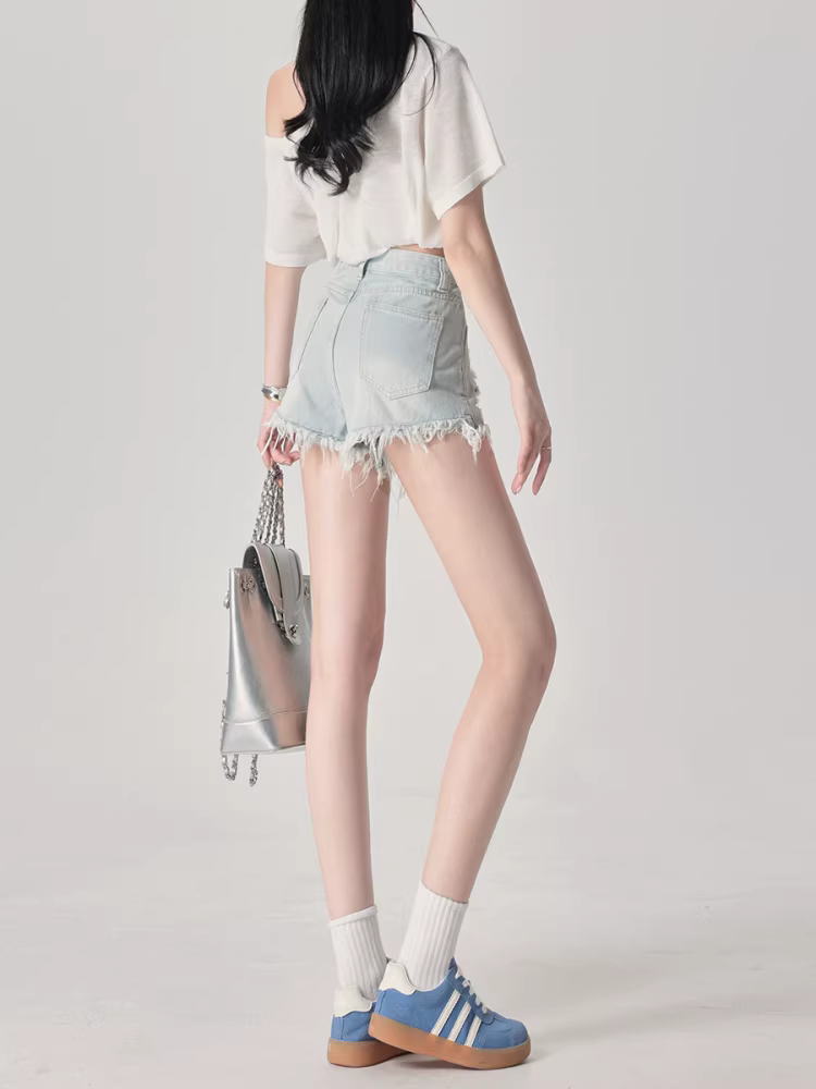 Quần short denim rách màu sáng La Chapelle dành cho nữ, quần short dáng chữ A mỏng lưng cao mới mùa hè 2025