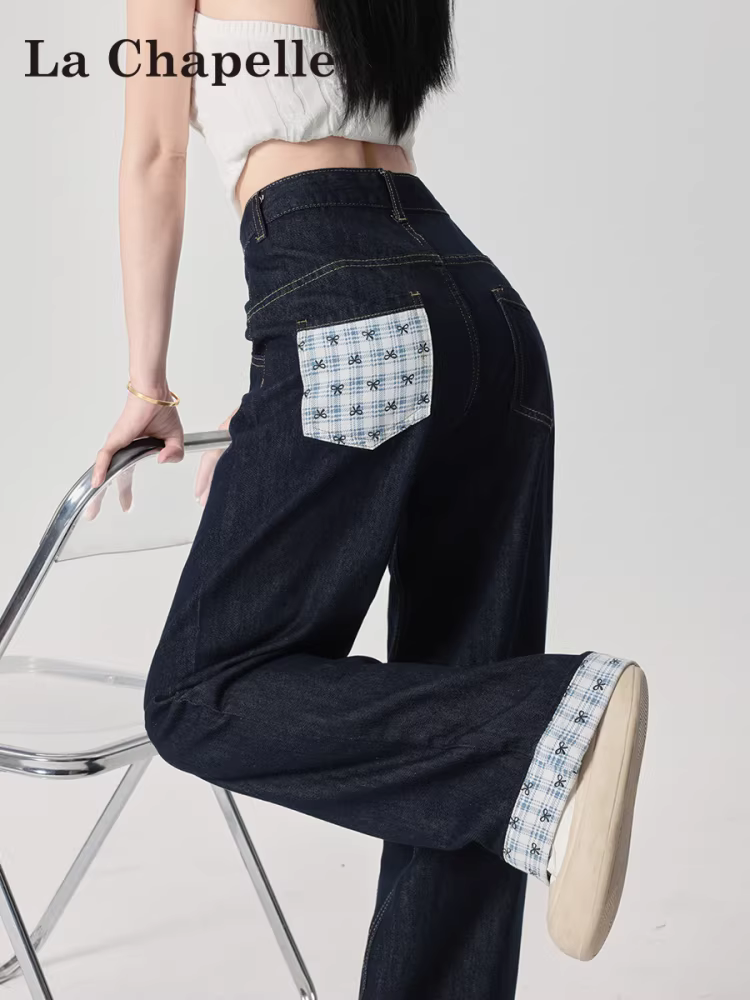 Quần jean ống rộng chắp vá màu xanh đậm La Chapelle dành cho nữ, quần ống rộng dáng rộng lưng cao kiểu Mỹ mùa thu